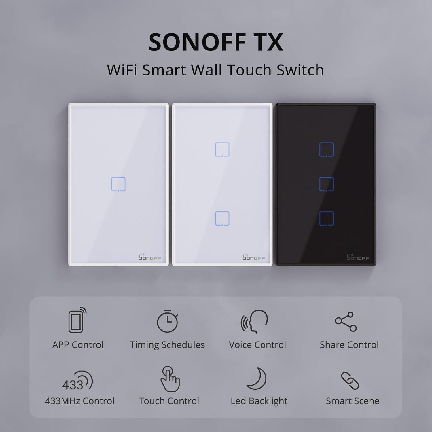 Interruptor de Luz Inteligente SONOFF T2 1 Gang WiFi 2.4GHz