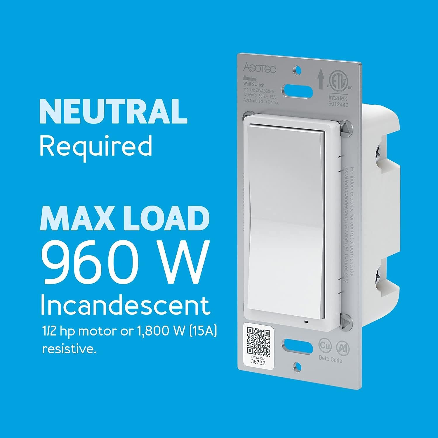 Interruptor de Pared Aeotec Z-Wave Plus Gen7 On/Off 150W