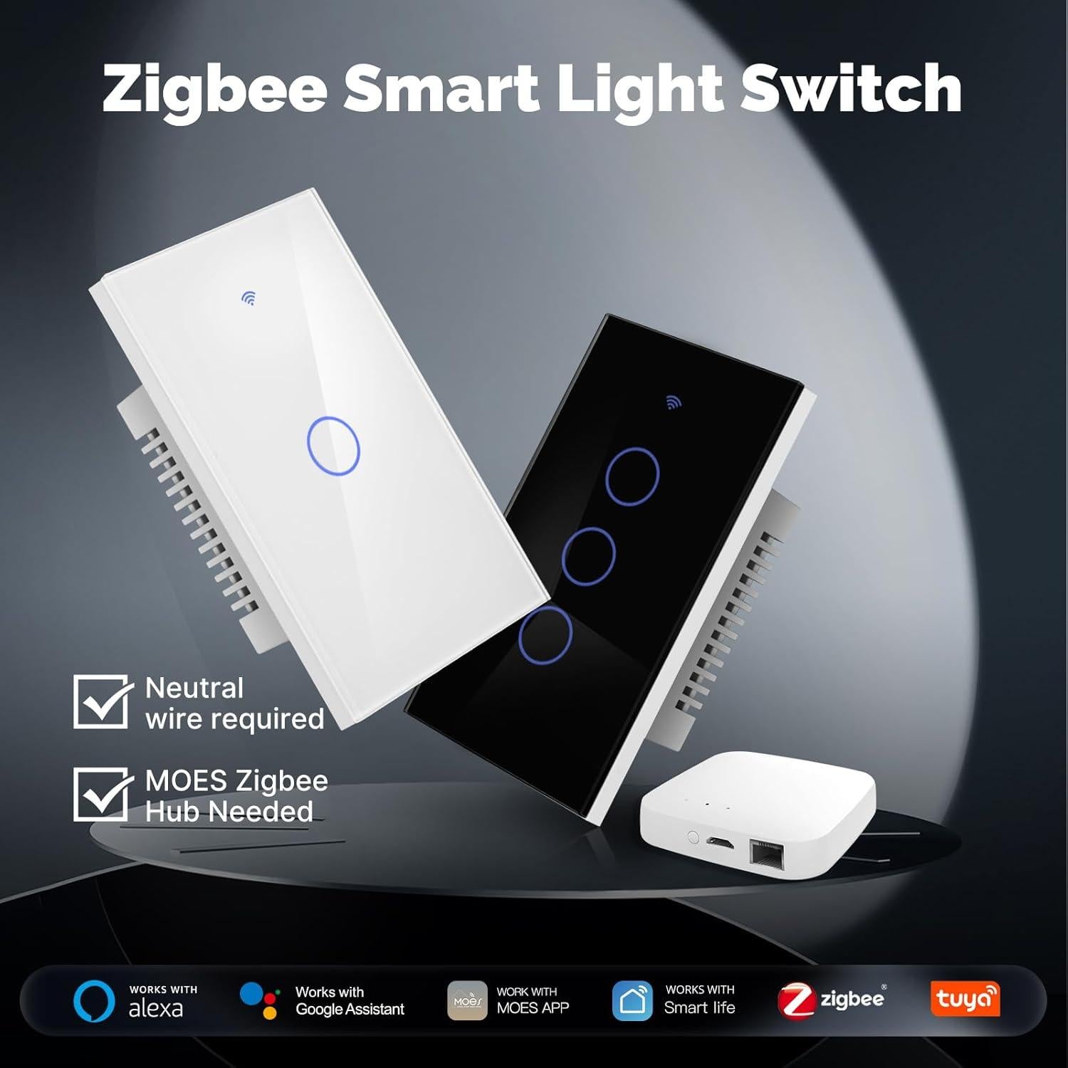 Interruptor Inteligente Zigbee MOES 2 Gang Blanco con Relé