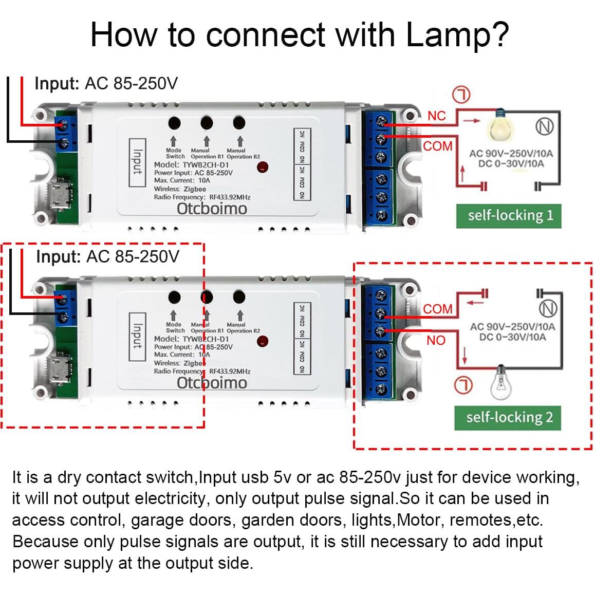 Interruptor Zigbee 2CH Otcboimo para Garaje AC 85-250V
