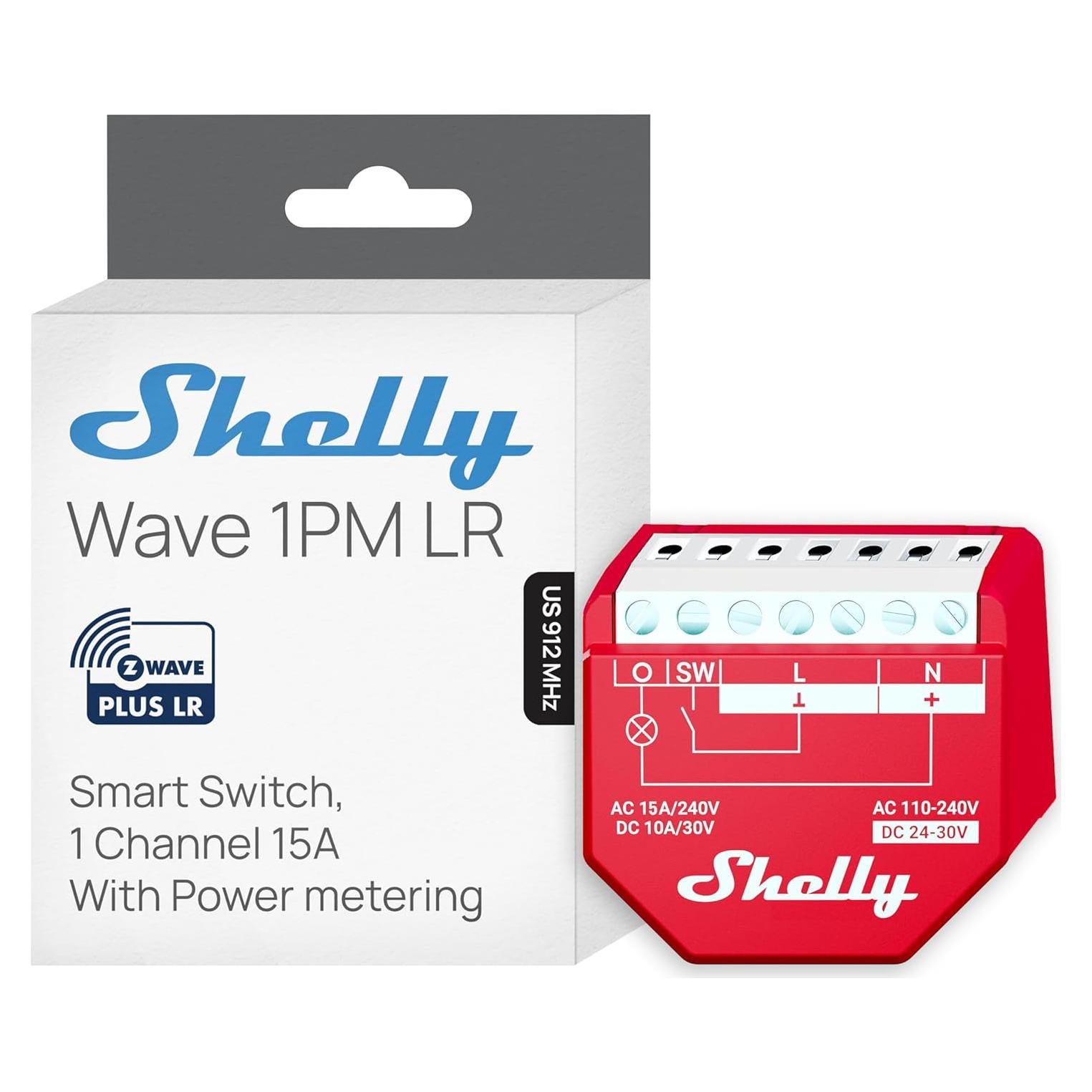 Relé inteligente Shelly Wave 1PM US LR Z-Wave 15A 1 canal
