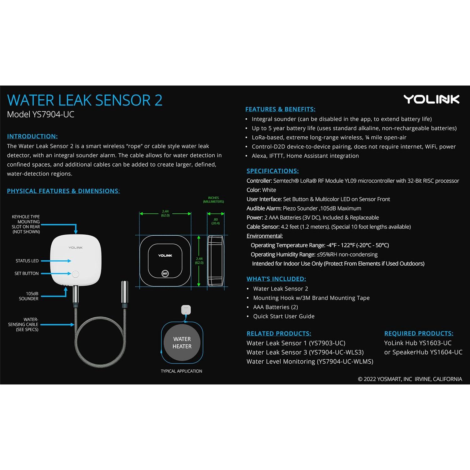 Sensor de Fugas de Agua YoLink YS7904-UC 402m con Sirena 105dB
