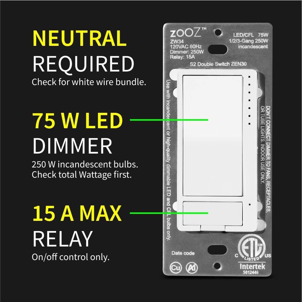 Interruptor Doble Z-Wave Zooz ZEN30 800LR Blanco 75W LED
