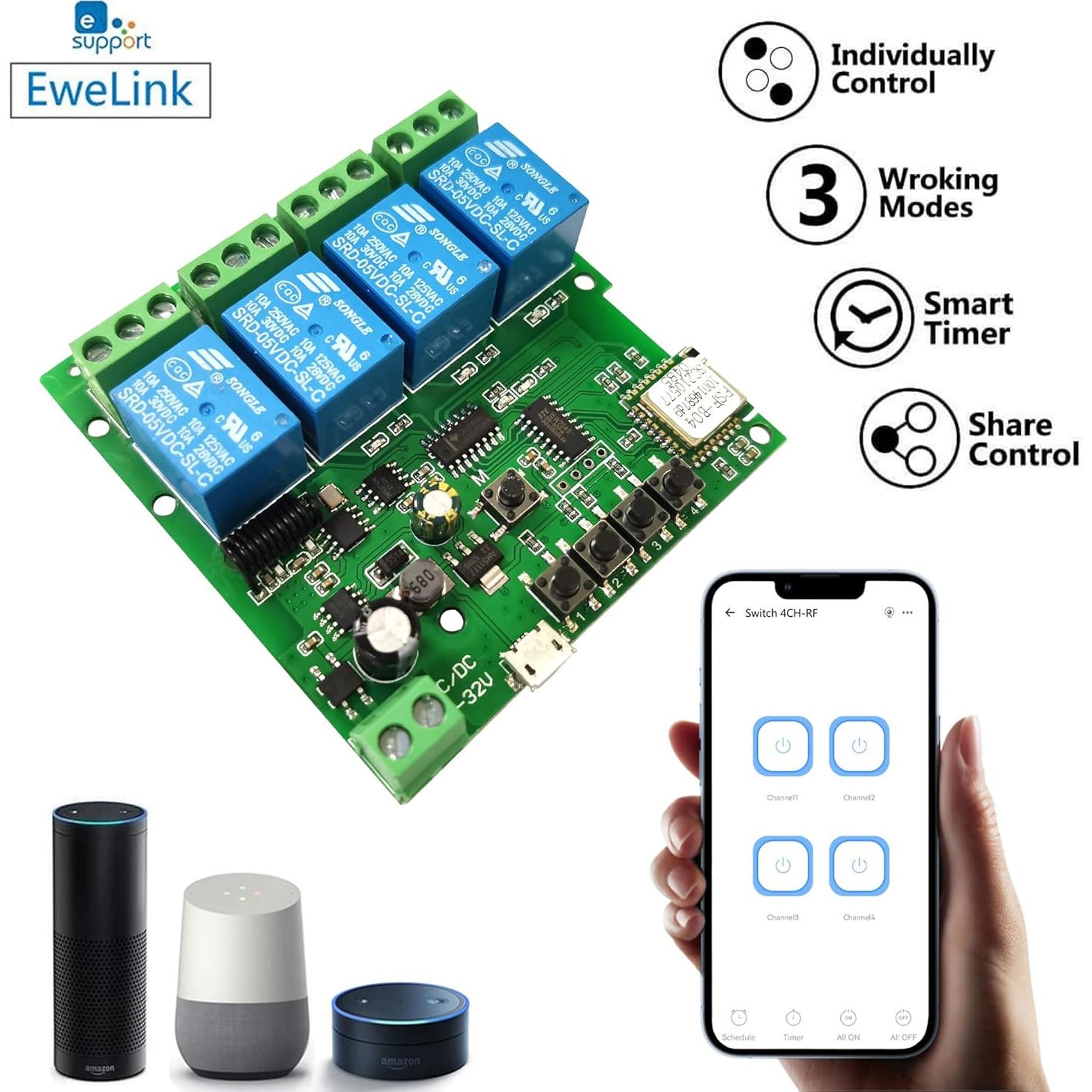 Módulo Relé WiFi 4 Canales Jane Eyre con Control Remoto 433MHz