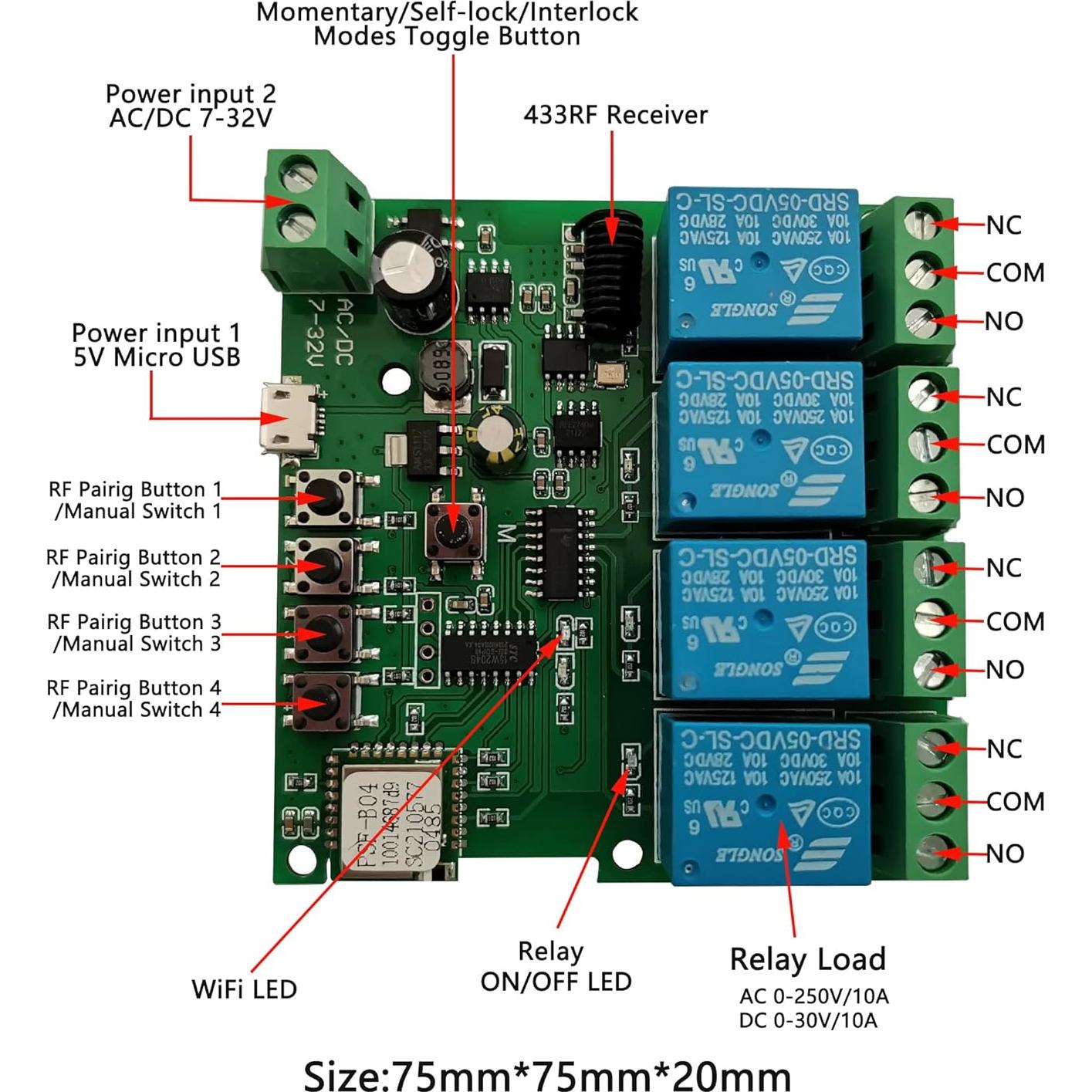 Módulo Relé WiFi 4 Canales Jane Eyre con Control Remoto 433MHz