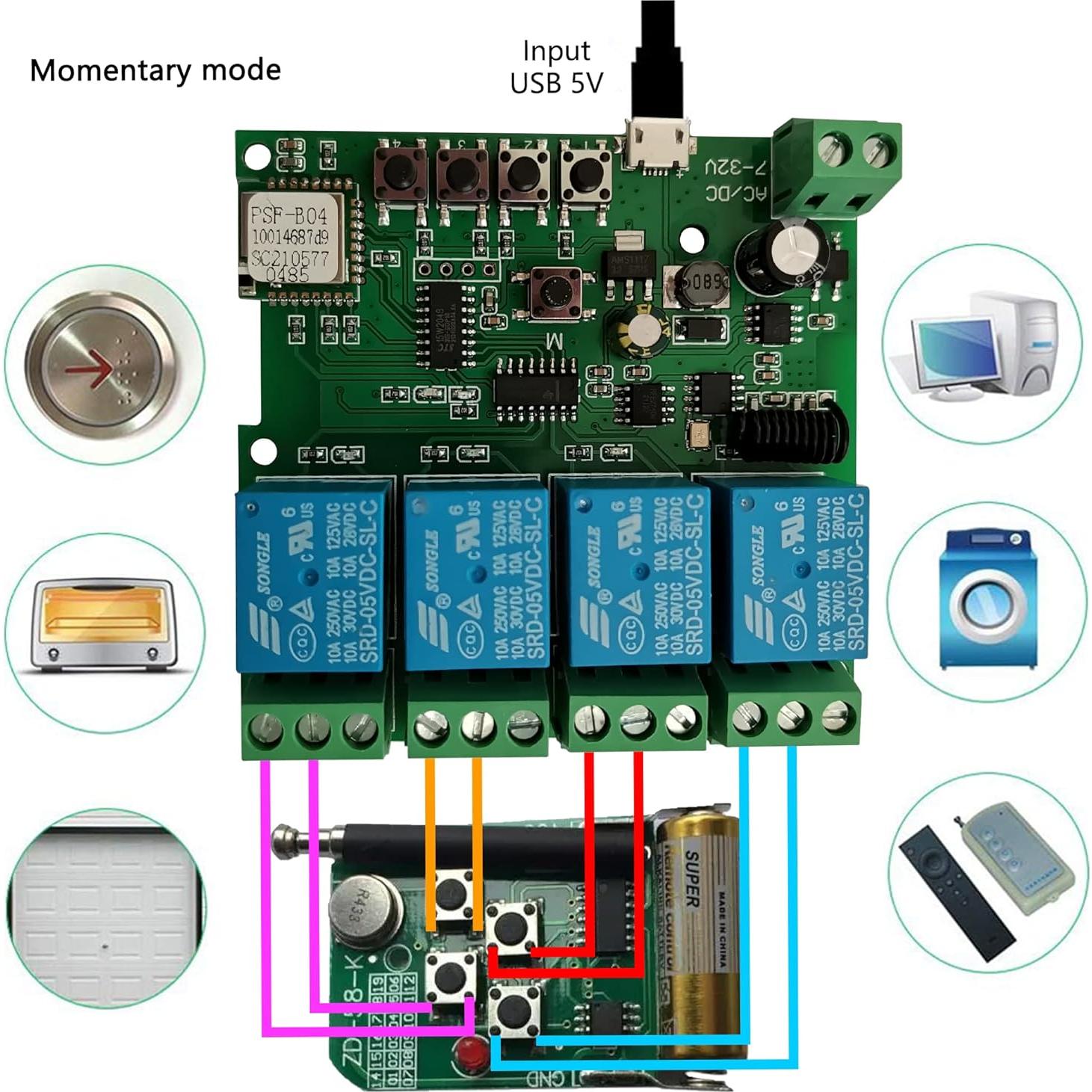 Módulo Relé WiFi 4 Canales Jane Eyre con Control Remoto 433MHz