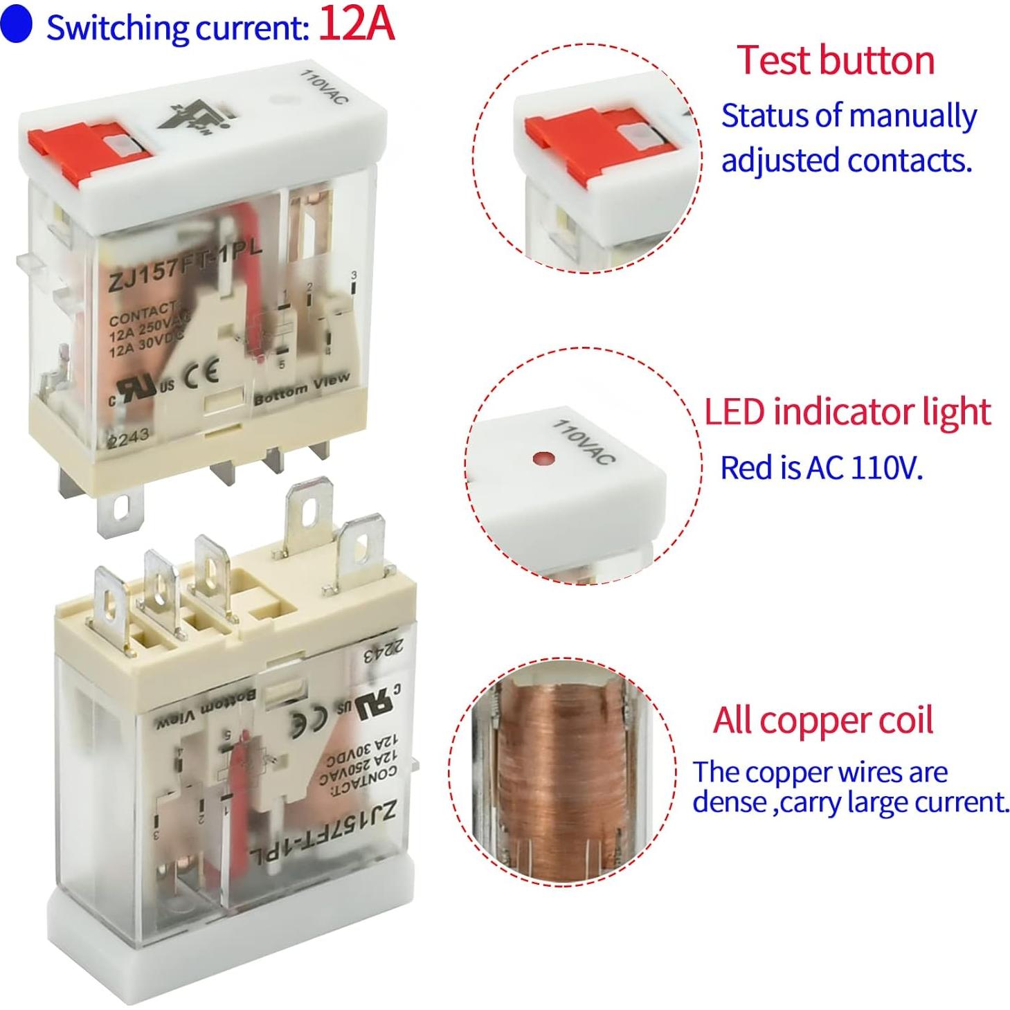 Relé de Potencia Electromagnético ZJWZJH 12A 110V con Luz LED
