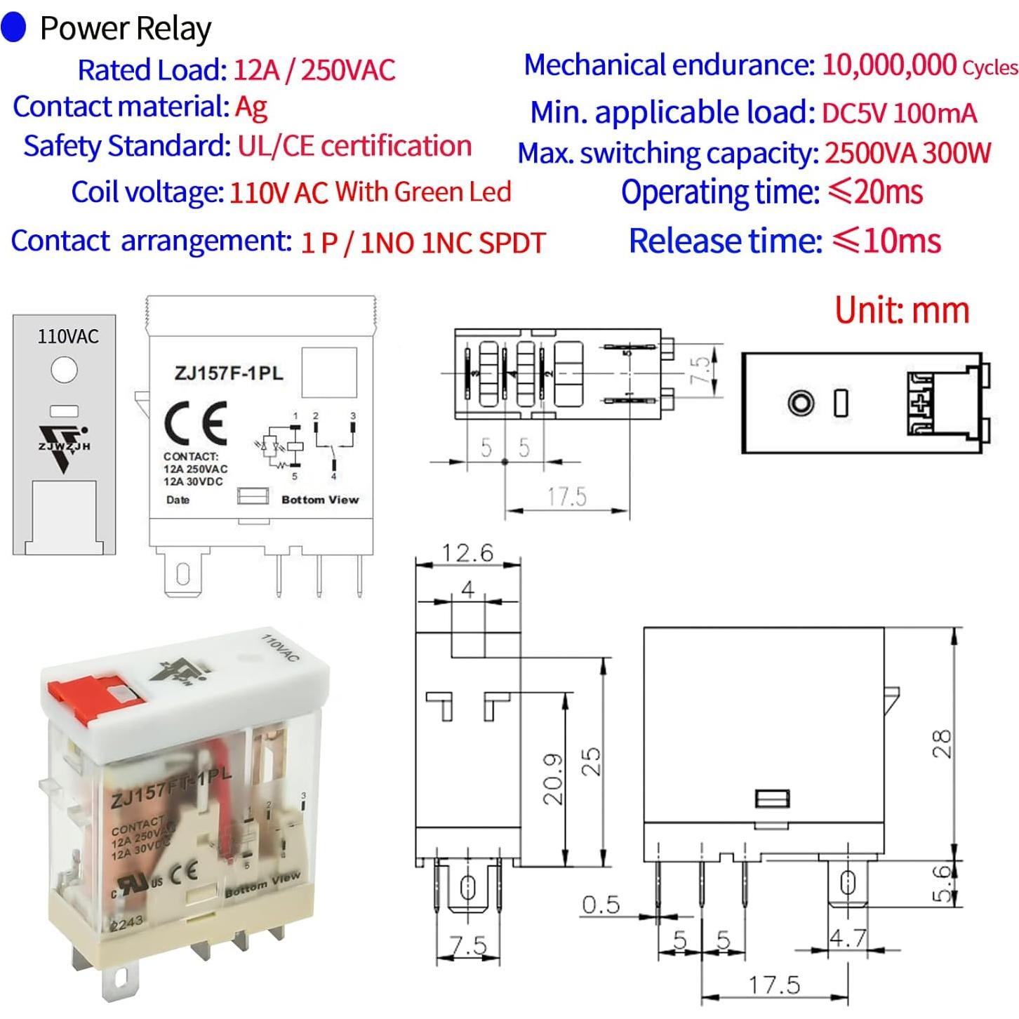 Relé de Potencia Electromagnético ZJWZJH 12A 110V con Luz LED