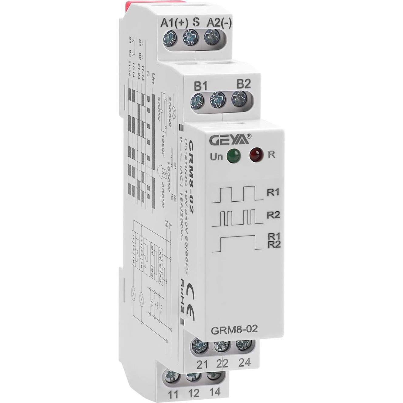 Relé de Retención GEYA GRM8-02 16A AC/DC 12V-240V Montaje en Riel DIN