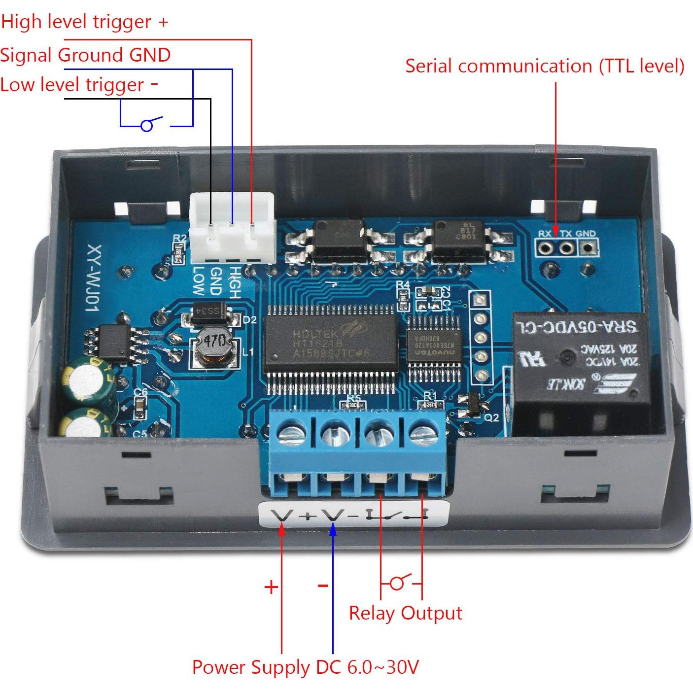 Módulo de Relé Temporizador DROK DC 6-30V 10A LCD 9999min