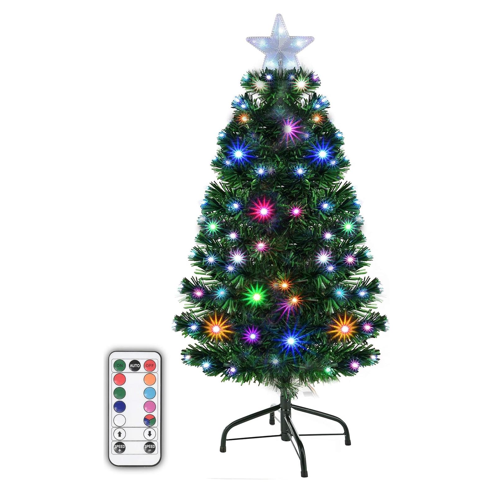Holiday Essence Prelit Artificial Christmas Tree, 4 Foot Pine Xmas Tree with Multi Function Changing LED Multi Colored Lights and Star Tree Topper with Remote, 120 Full Tips, Metal Stand