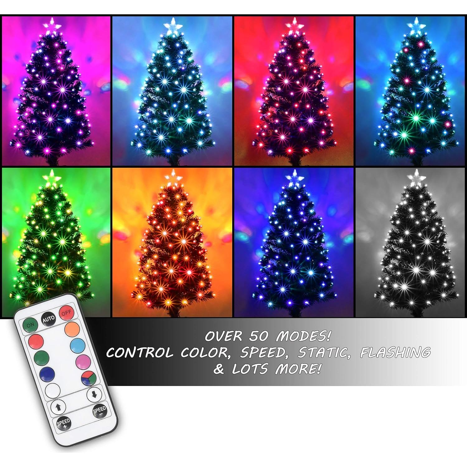 Holiday Essence Prelit Artificial Christmas Tree, 4 Foot Pine Xmas Tree with Multi Function Changing LED Multi Colored Lights and Star Tree Topper with Remote, 120 Full Tips, Metal Stand
