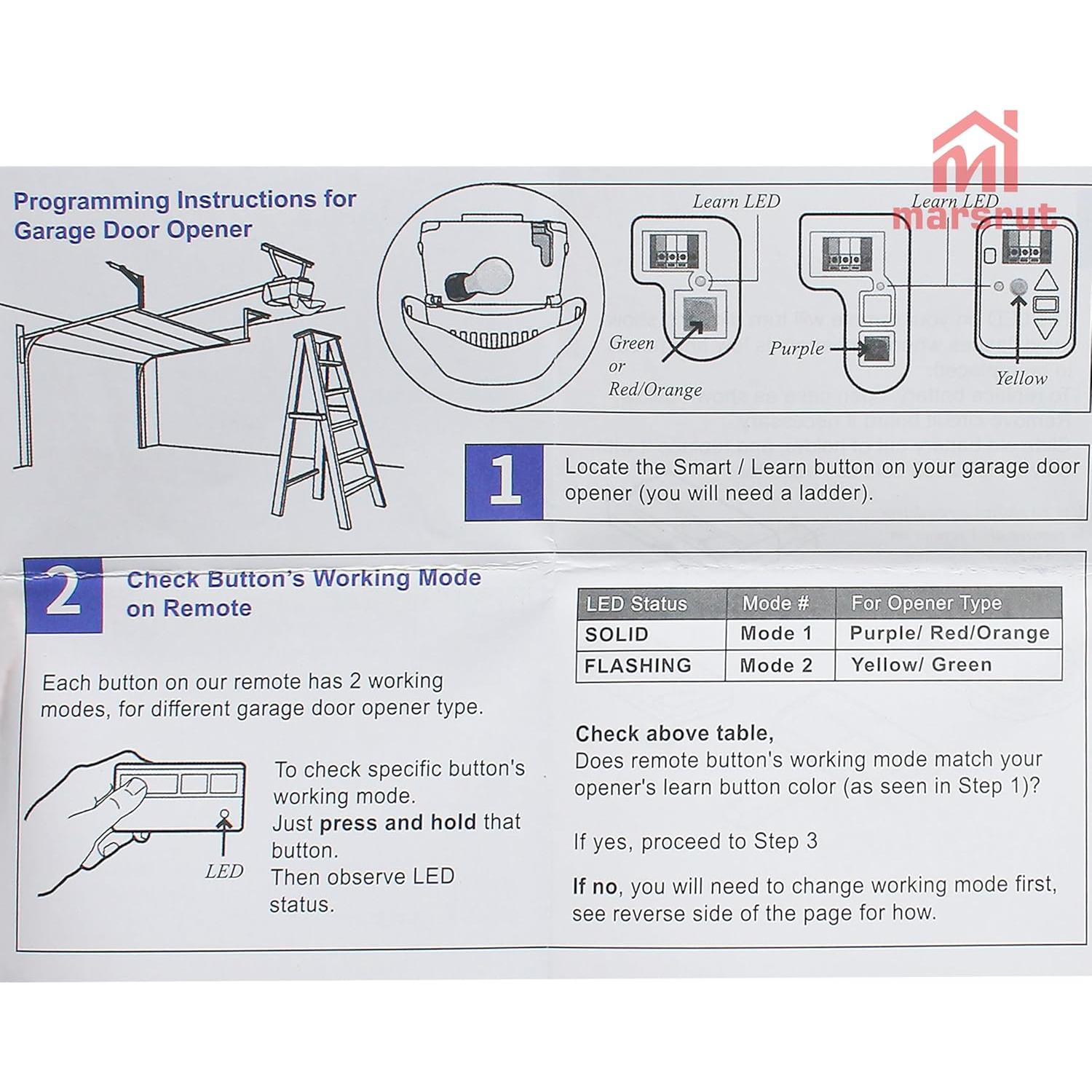 Control Remoto Repuesto para Abridor de Puerta de Garaje Marsrut 2PCS
