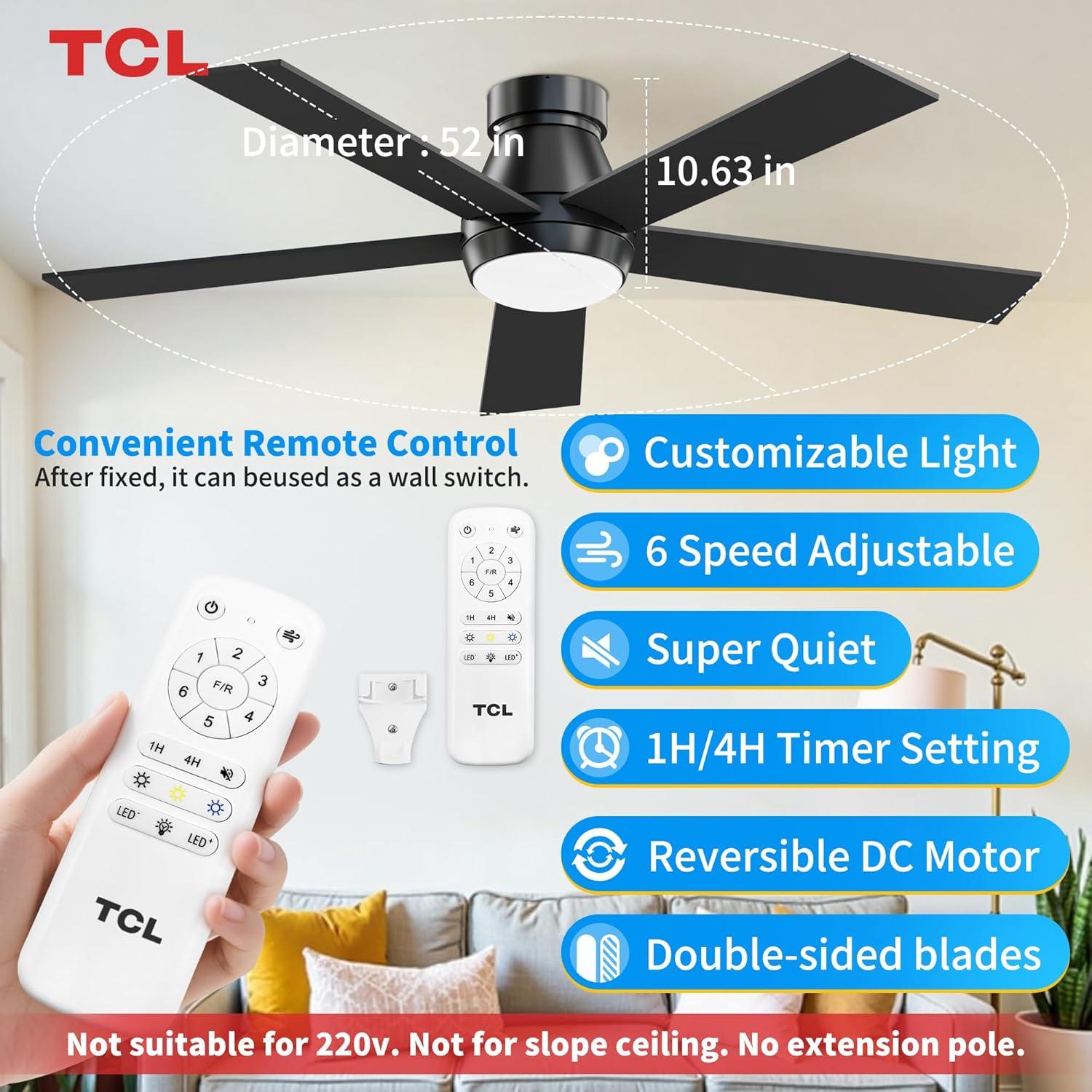 Ventilador de Techo TCL 132cm Negro con Luz LED y Control Remoto