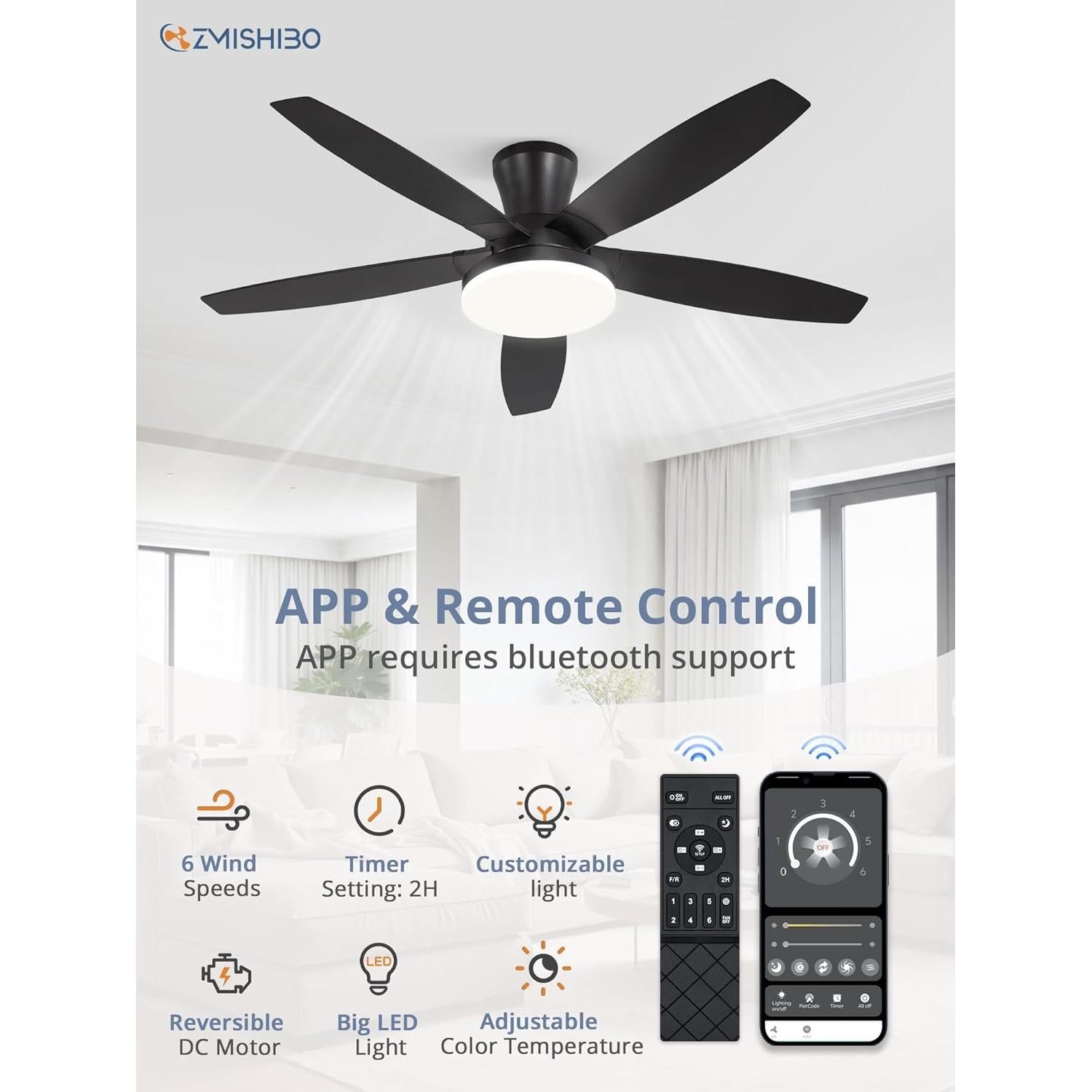 Ventilador de Techo ZMISHIBO 121.9cm Negro con Luz y Control Remoto