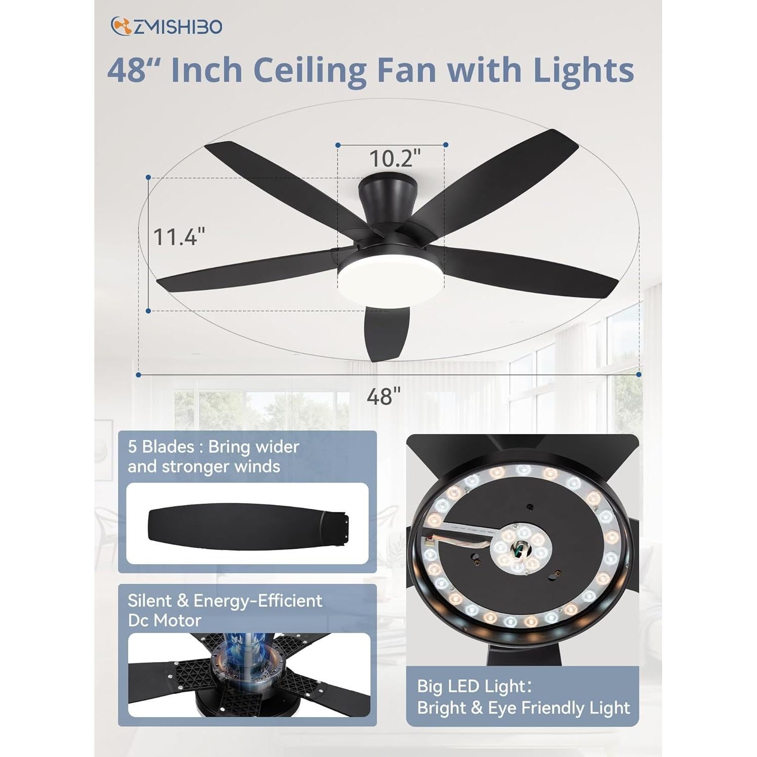 Ventilador de Techo ZMISHIBO 121.9cm Negro con Luz y Control Remoto