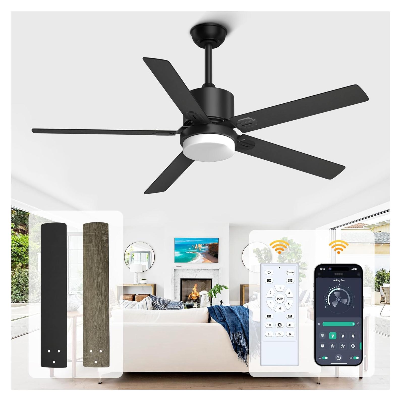 Ventilador de Techo Alescu 52" Negro con Luz LED y Control Remoto