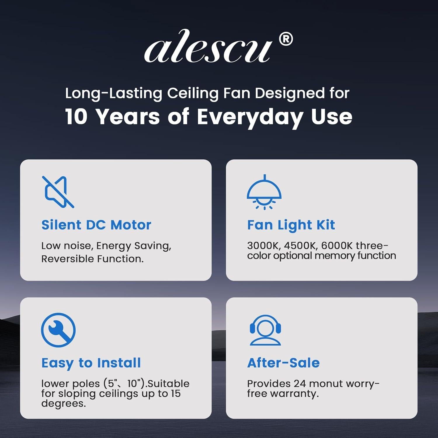 Ventilador de Techo Alescu 52" Negro con Luz LED y Control Remoto