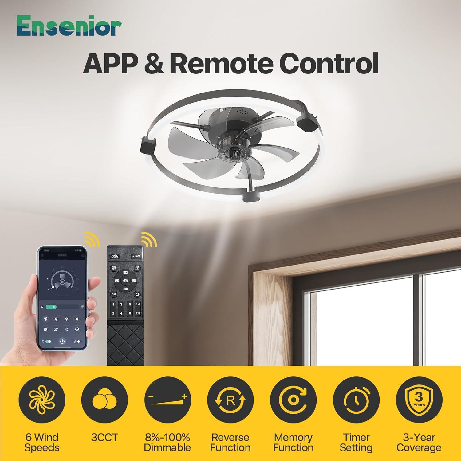 Ventilador de Techo Ensenior 20'' con Luz y Control Remoto - Negro