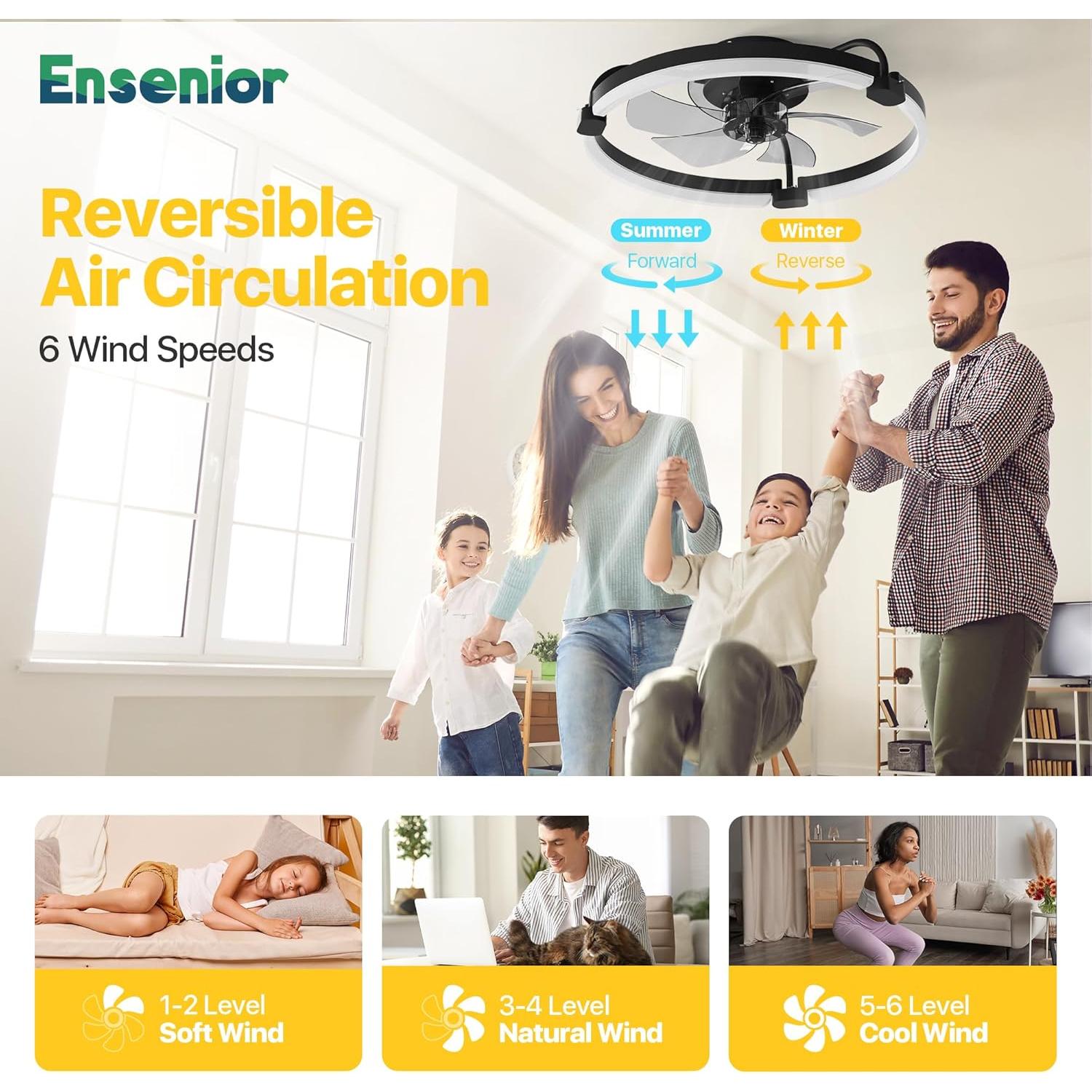 Ventilador de Techo Ensenior 20'' con Luz y Control Remoto - Negro