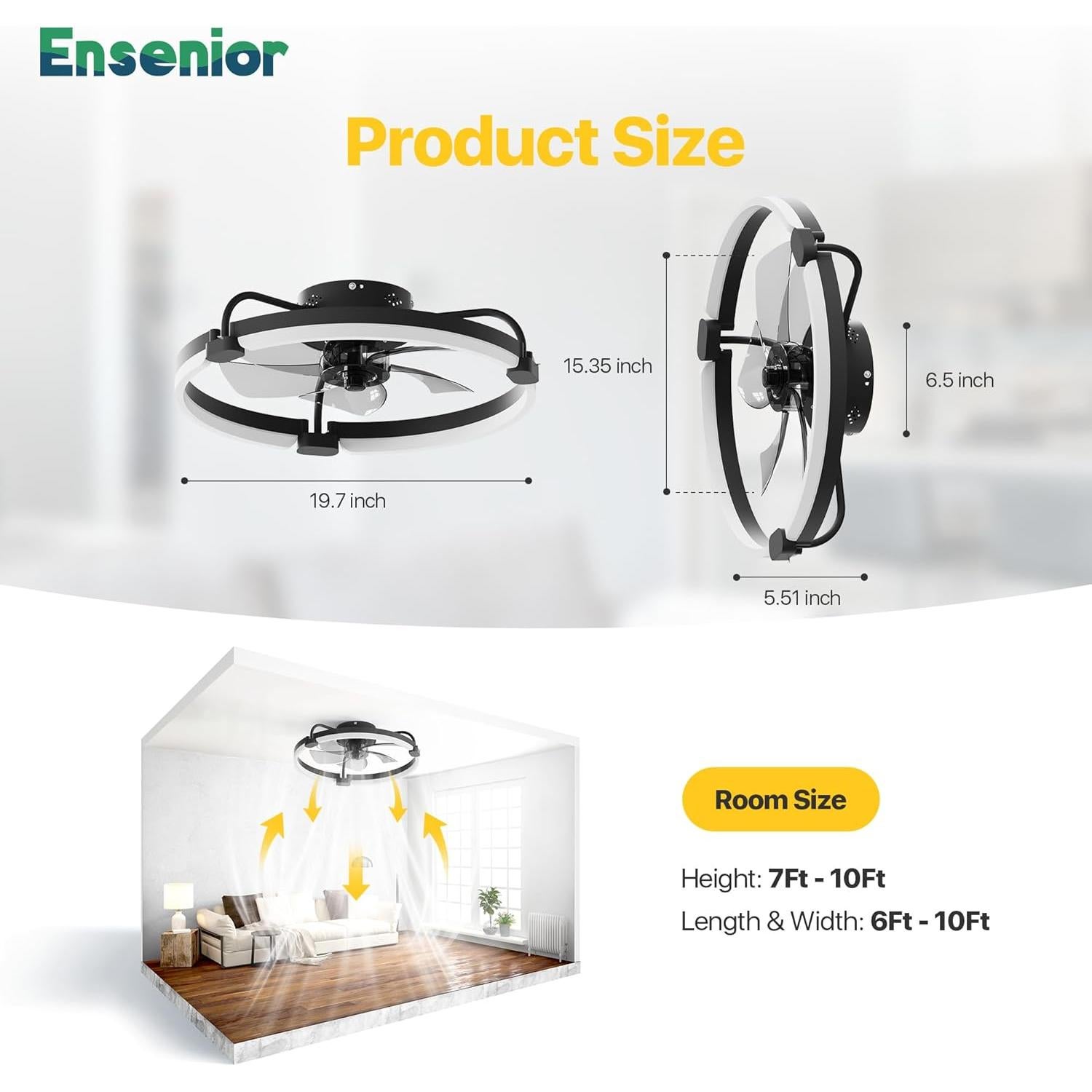 Ventilador de Techo Ensenior 20'' con Luz y Control Remoto - Negro