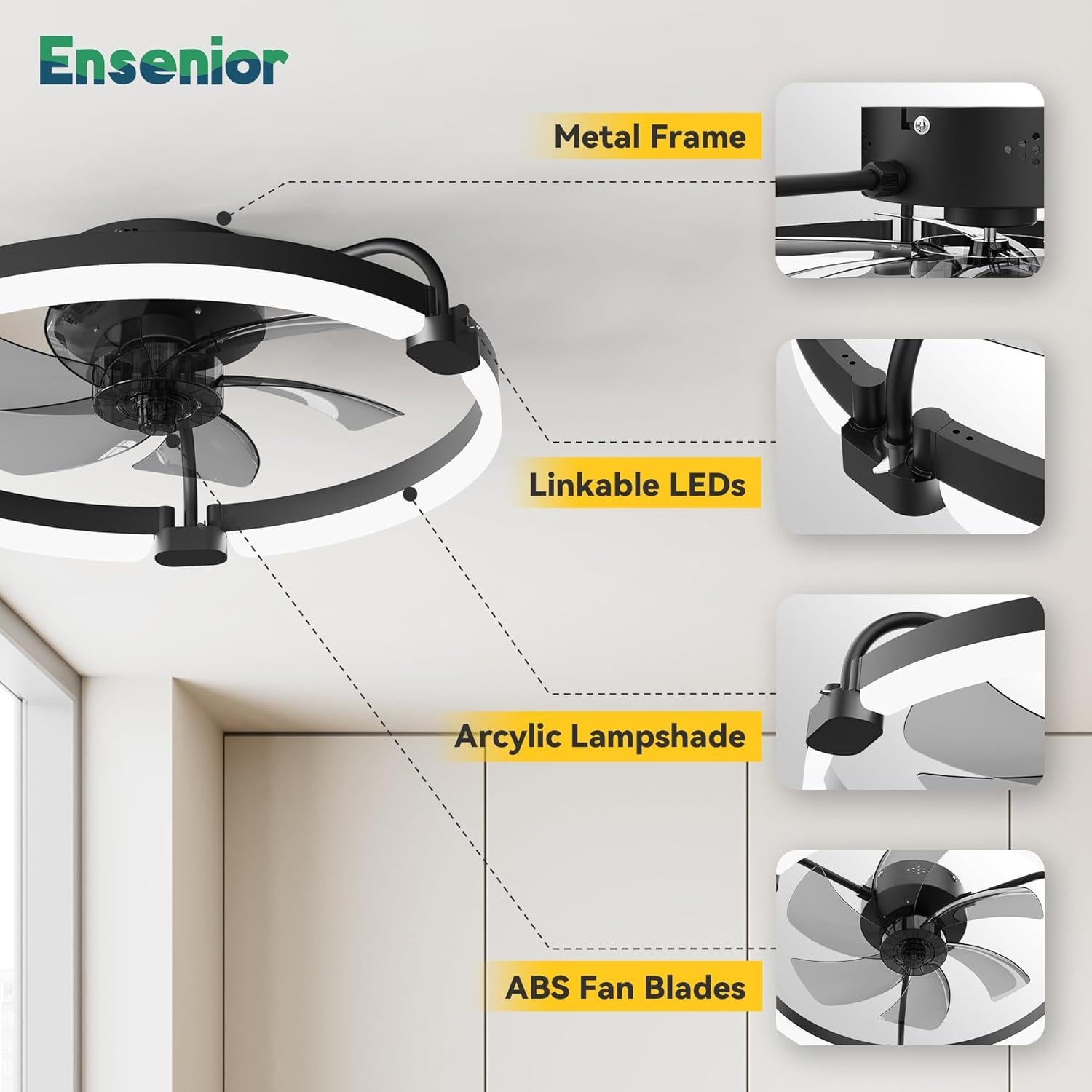 Ventilador de Techo Ensenior 20'' con Luz y Control Remoto - Negro