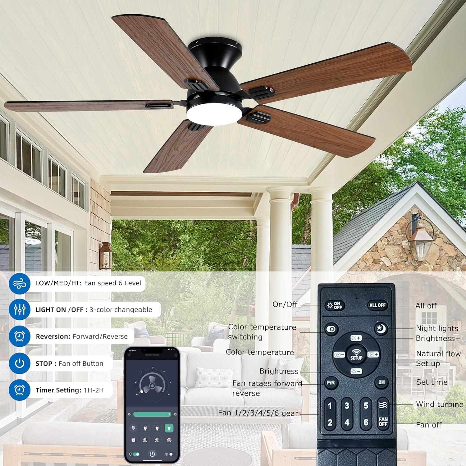 Ventilador de Techo KNUN 132 cm Marrón con Luz LED y Control Remoto