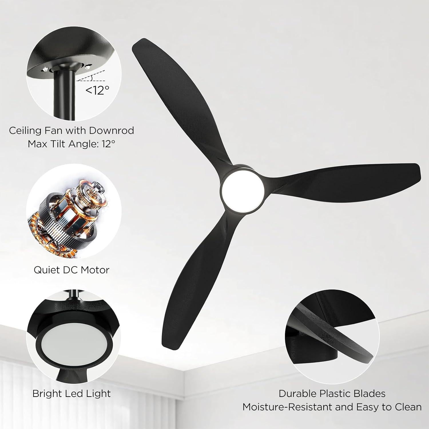 Ventilador de Techo Roomratv 52" Negro con Luz LED y Control Remoto