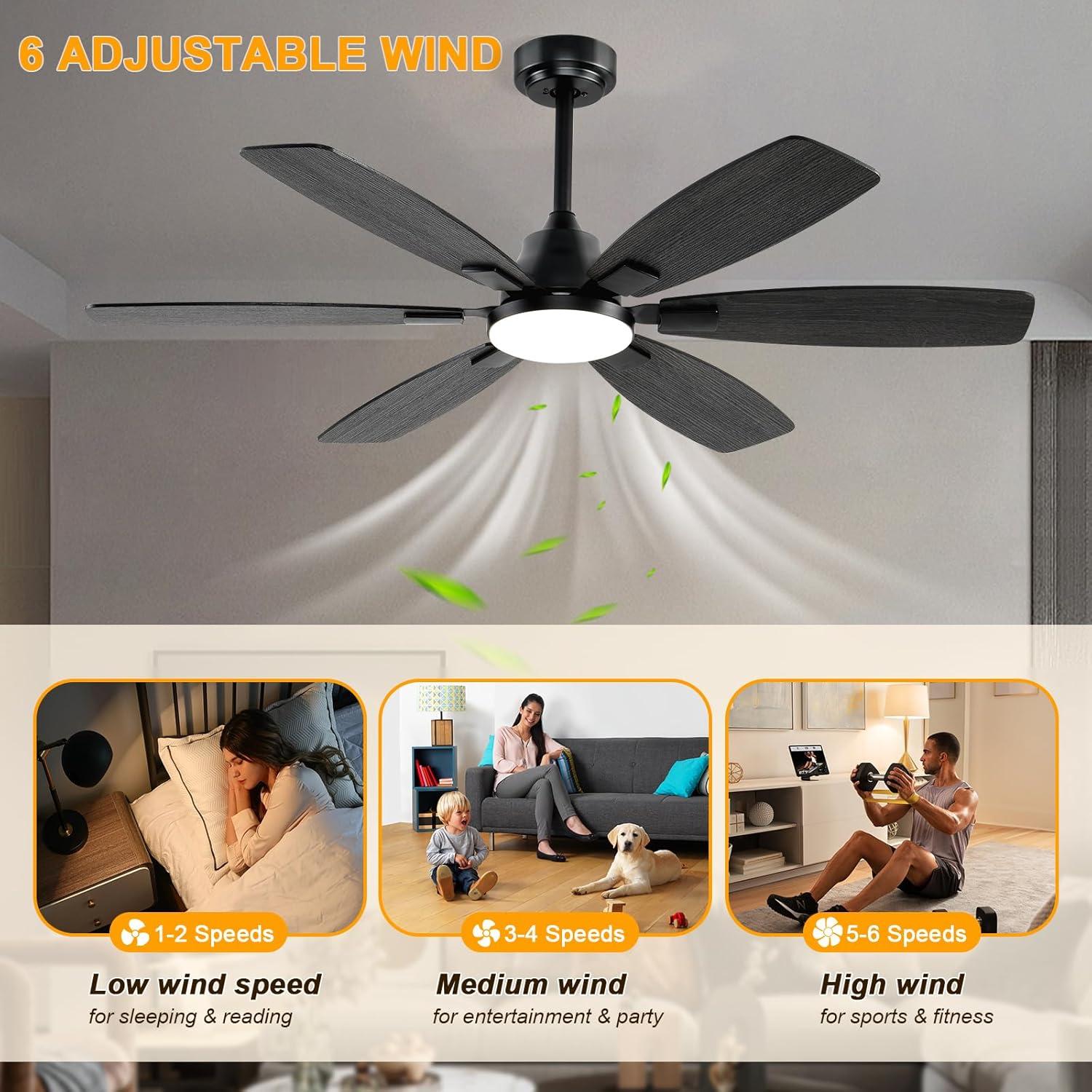 Ventilador de Techo Ayaoty 52" Negro con Luz LED y Control Remoto