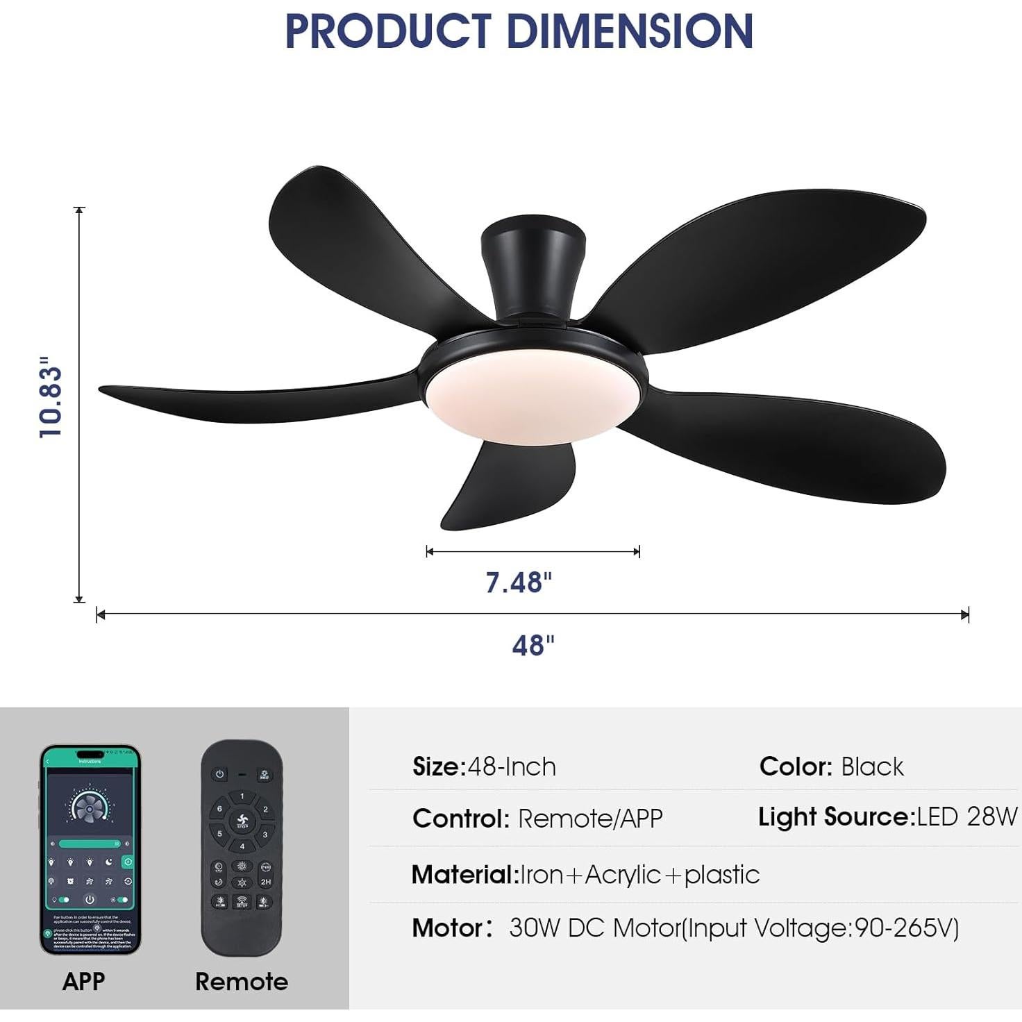 Ventilador de Techo PHORUS 48" Negro con Luz LED y Control Remoto