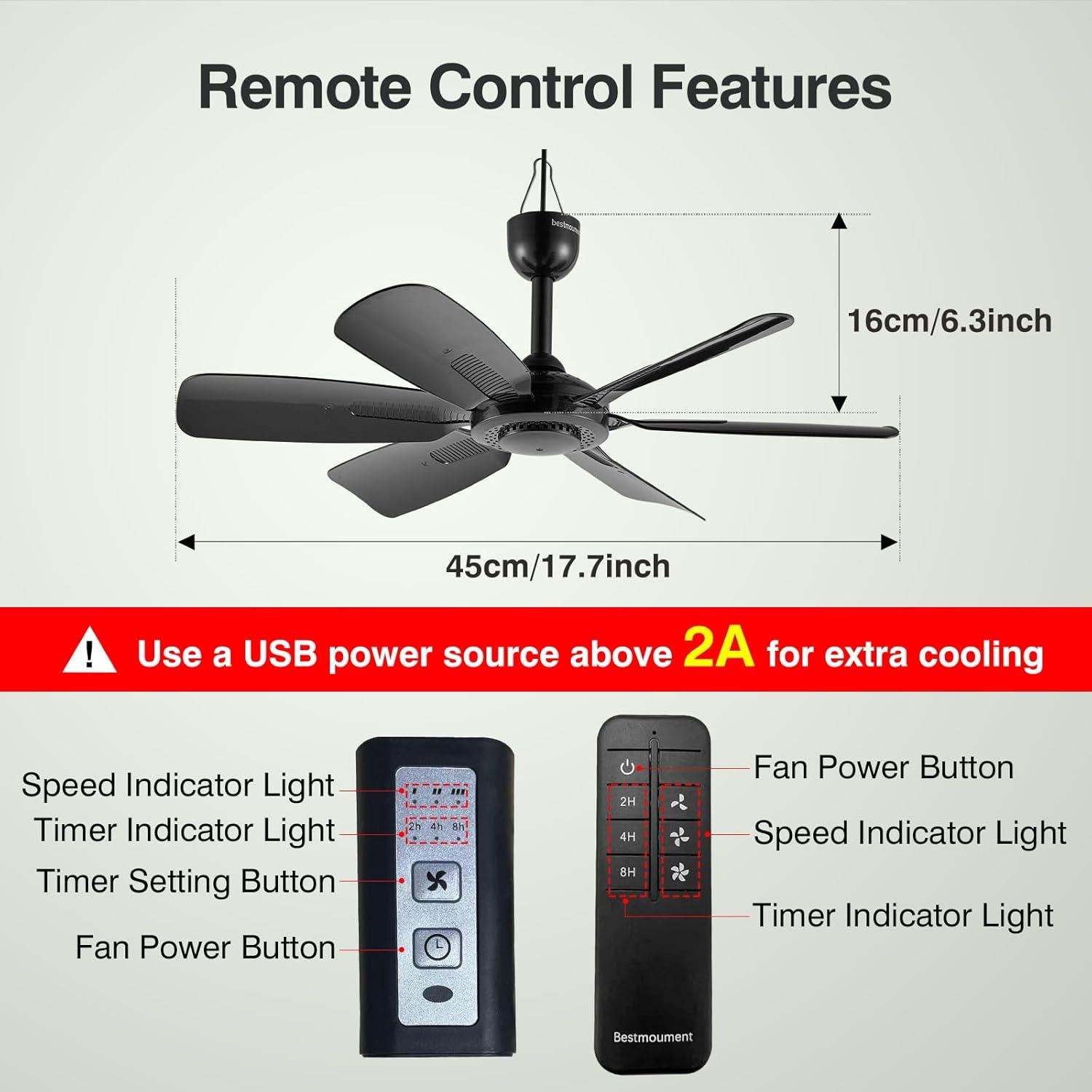 Ventilador de Techo Portátil Bestmoument 44.96 cm Control Remoto