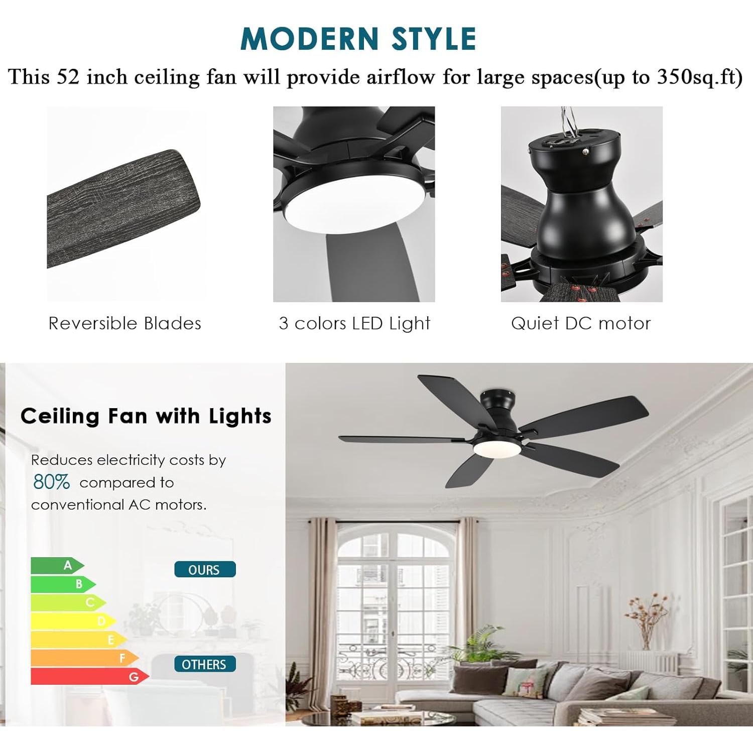 Ventilador de Techo JSAITEE 52" con Luz LED y Control Remoto