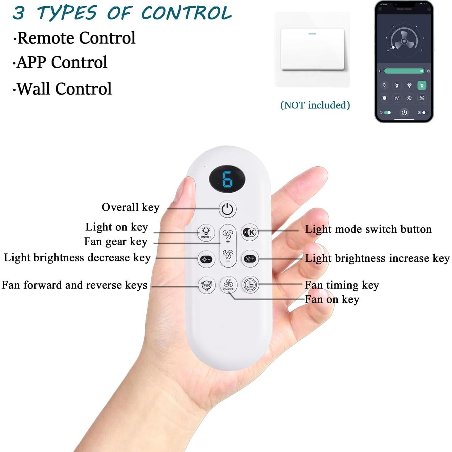 Ventilador de Techo JSAITEE 52" con Luz LED y Control Remoto
