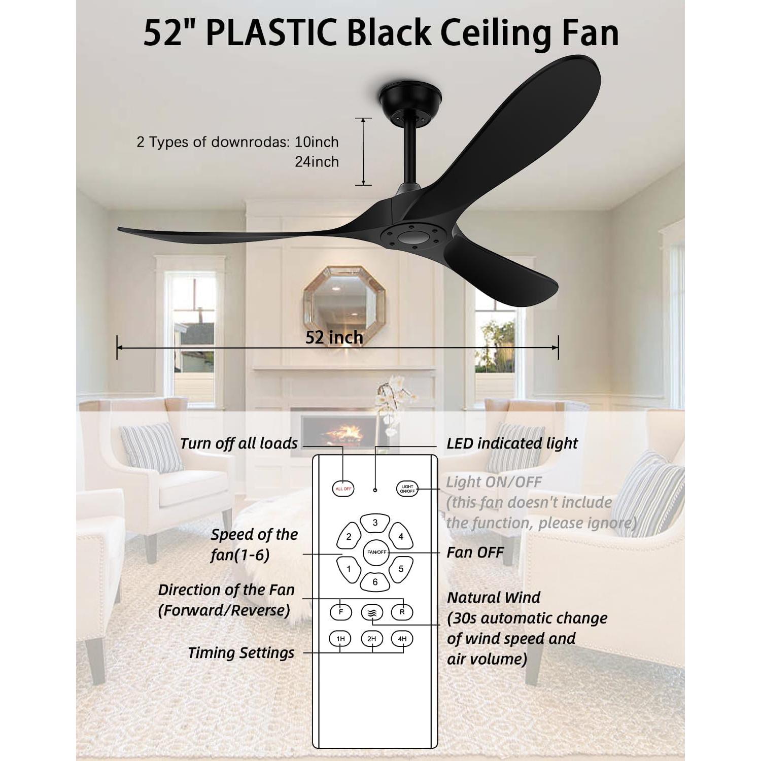 Ventilador de Techo KASASS 132 cm Sin Luz Negro Control Remoto