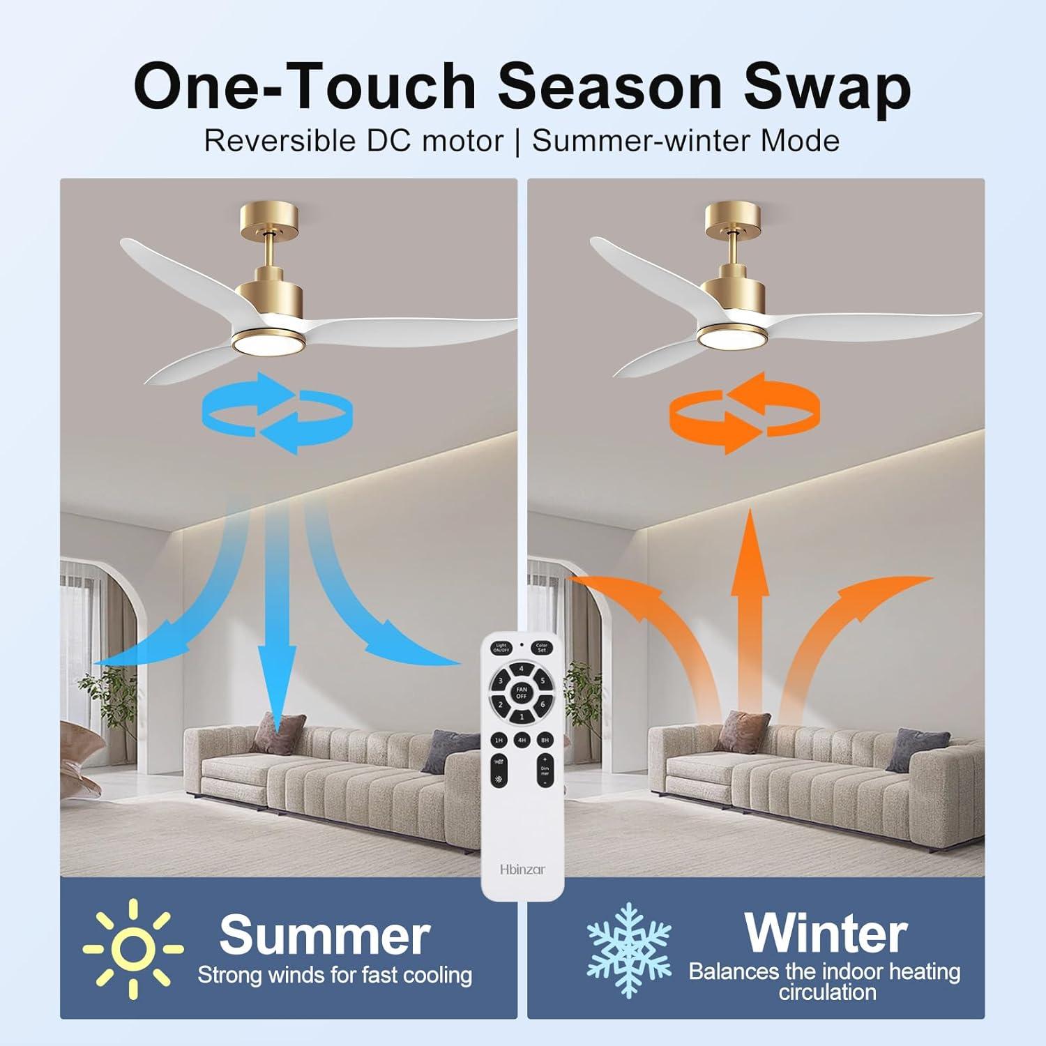 Ventilador de Techo Hbinzar 132 cm Blanco Dorado con Luz y Control Remoto