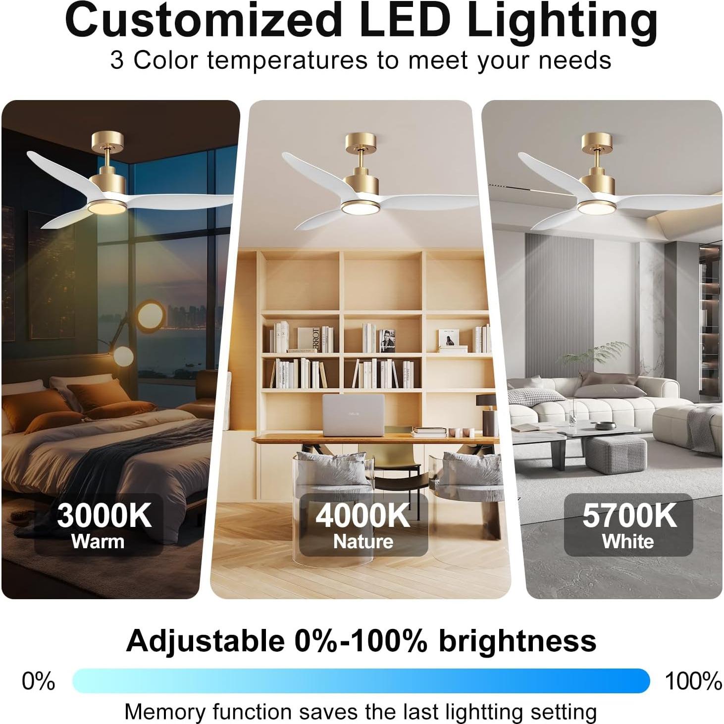 Ventilador de Techo Hbinzar 132 cm Blanco Dorado con Luz y Control Remoto