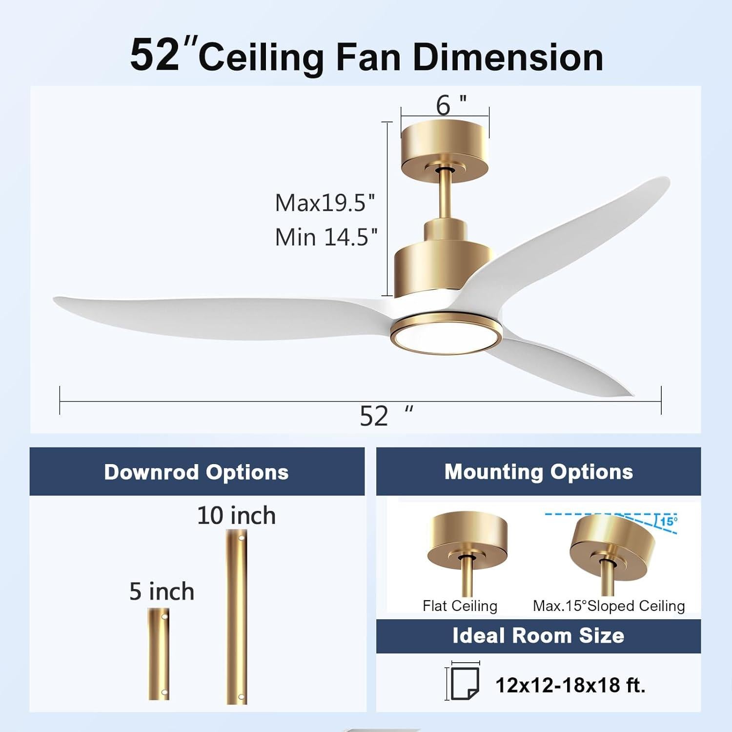 Ventilador de Techo Hbinzar 132 cm Blanco Dorado con Luz y Control Remoto