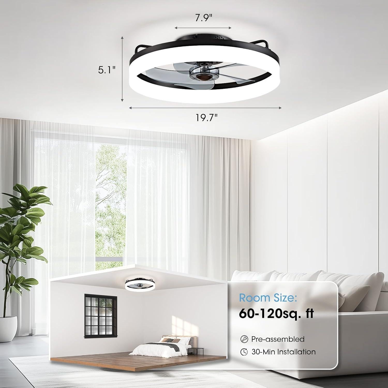 Ventilador de Techo LUDOMIDE 20" con Luz LED y Control Remoto