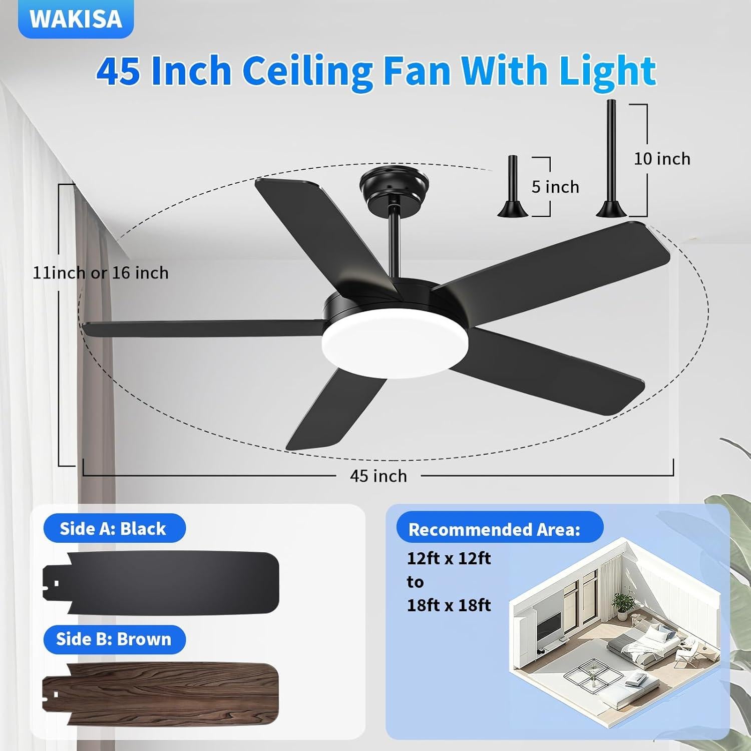 Ventilador de Techo WAKISA 45" Negro con Luz y Control Remoto