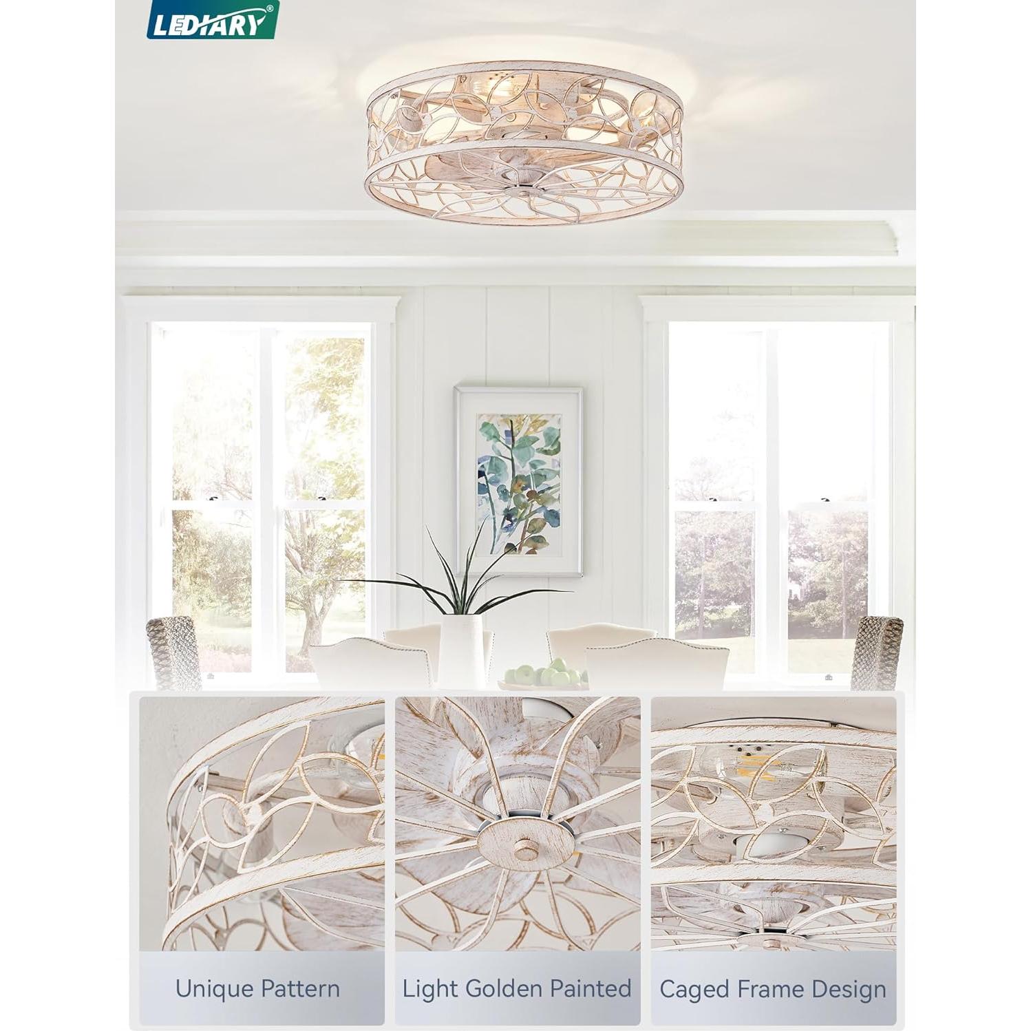 Ventilador de Techo LEDIARY Blanco y Dorado con Control Remoto