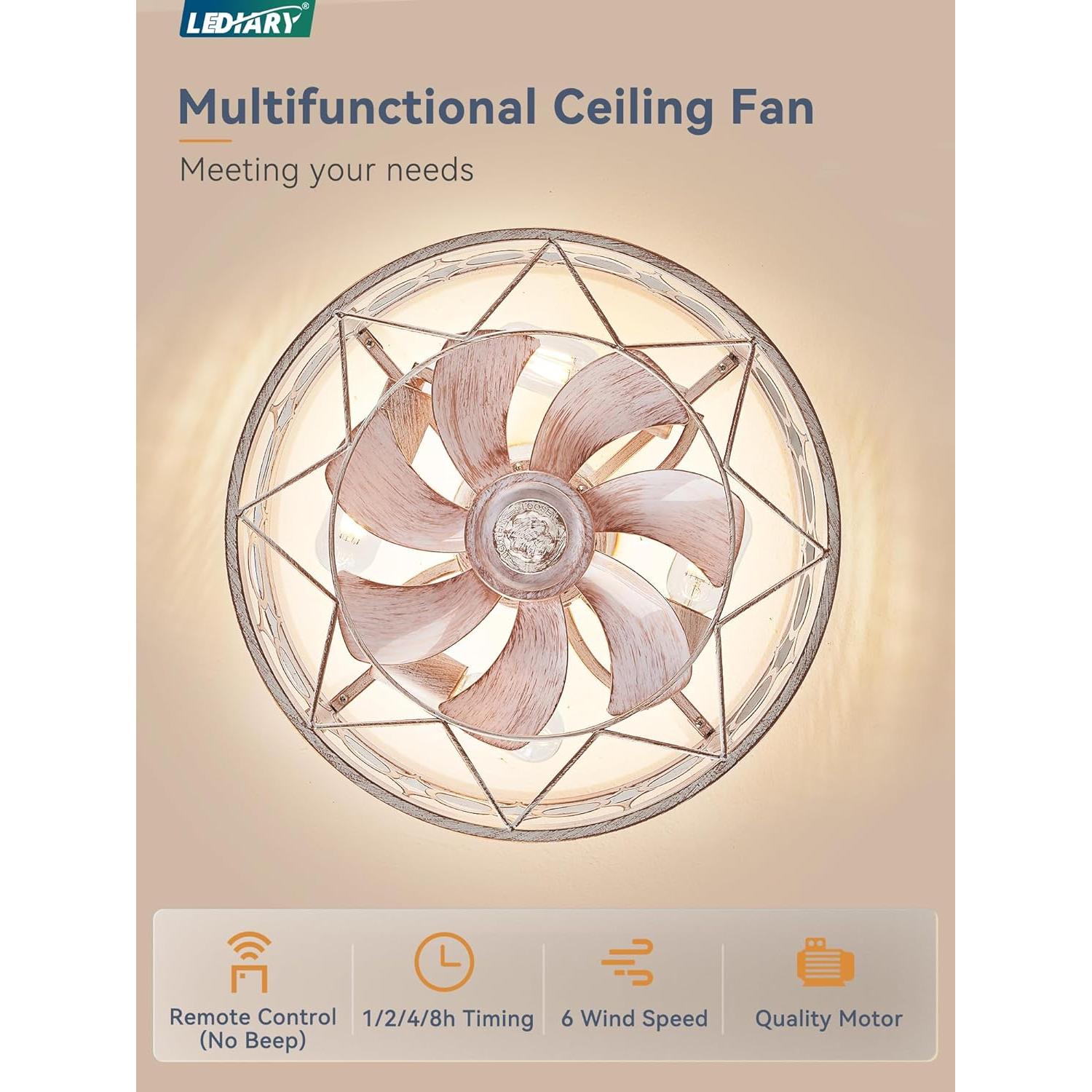 Ventilador de Techo LEDIARY con Luz y Control Remoto 40.64cm