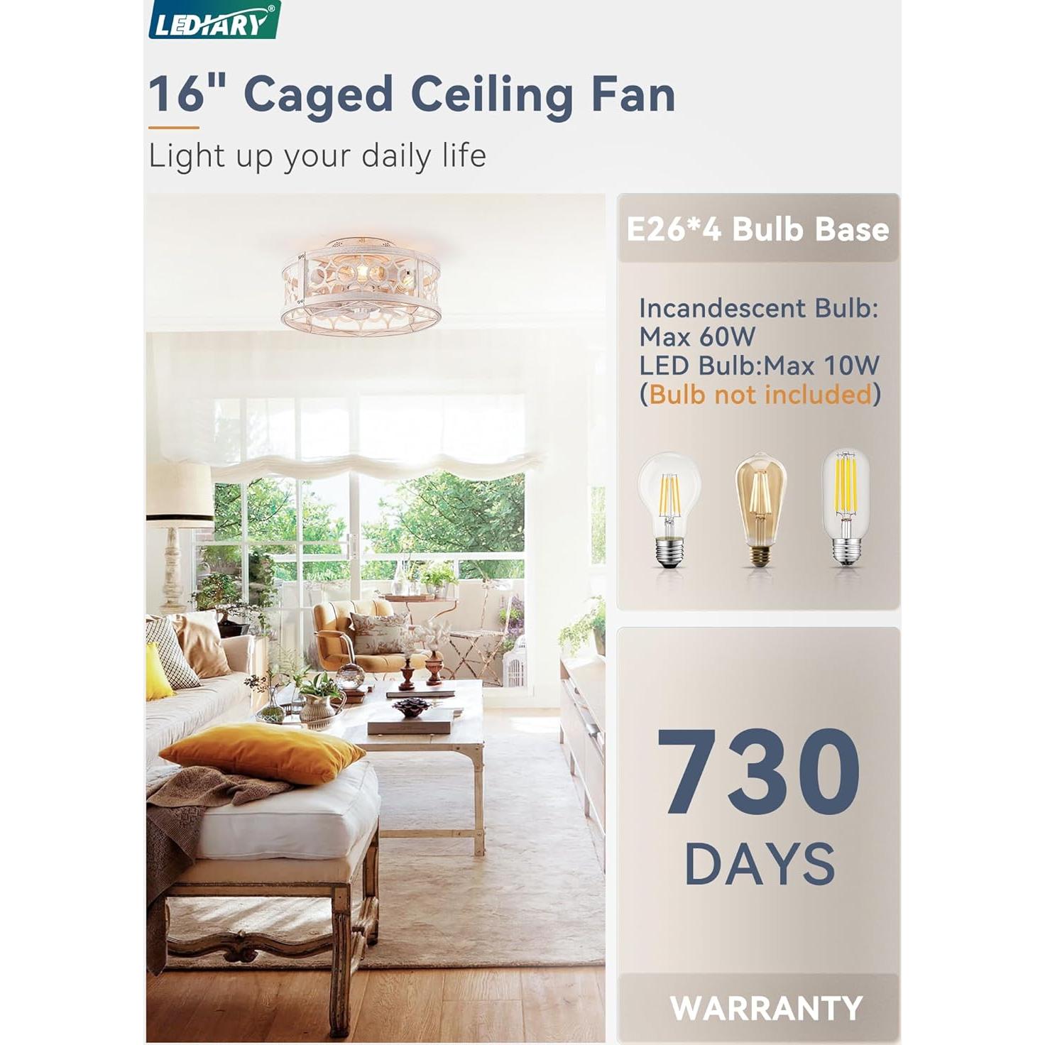 Ventilador de Techo LEDIARY con Luz y Control Remoto 40.64cm