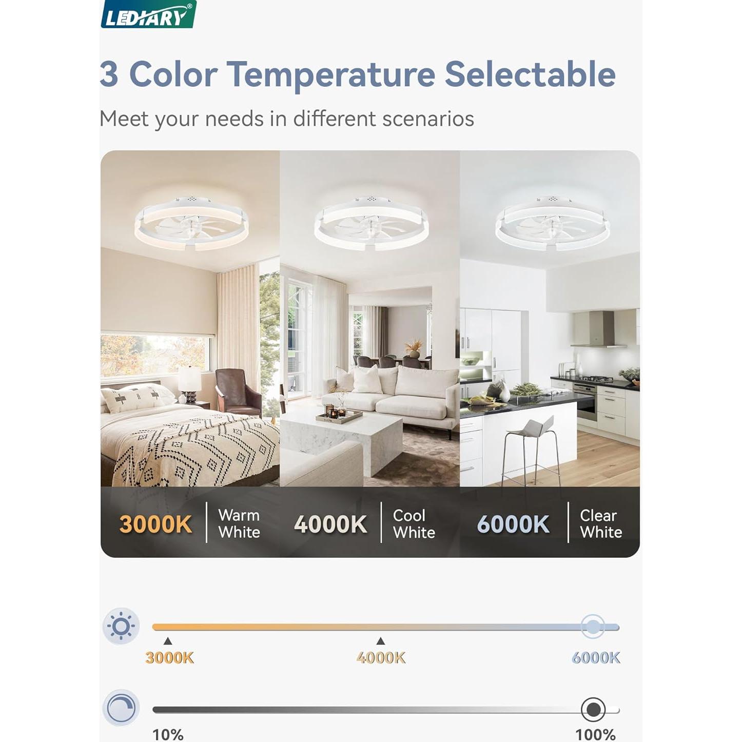 Ventilador de Techo LEDIARY 50 cm con Luz y Control Remoto