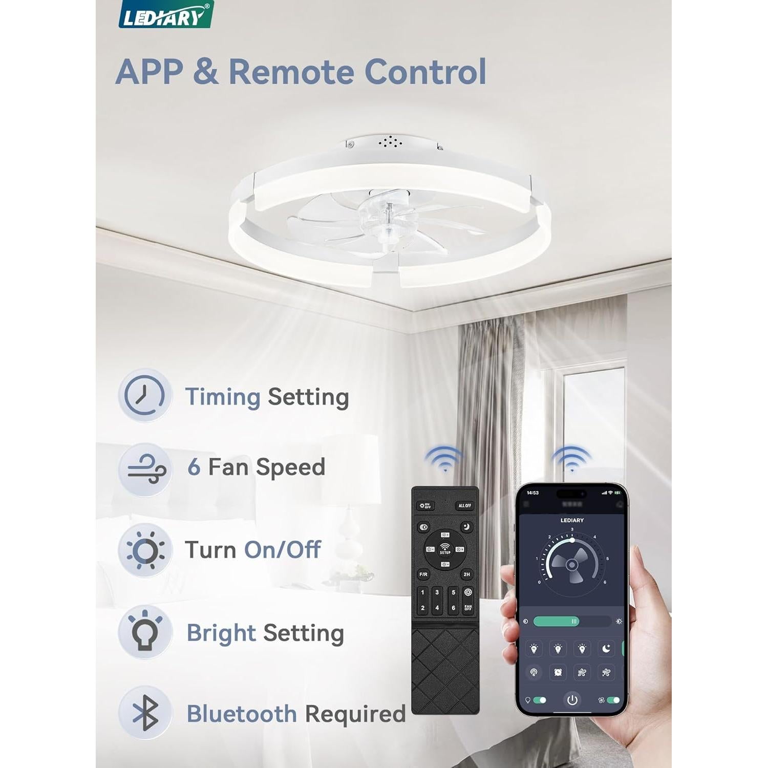 Ventilador de Techo LEDIARY 50 cm con Luz y Control Remoto
