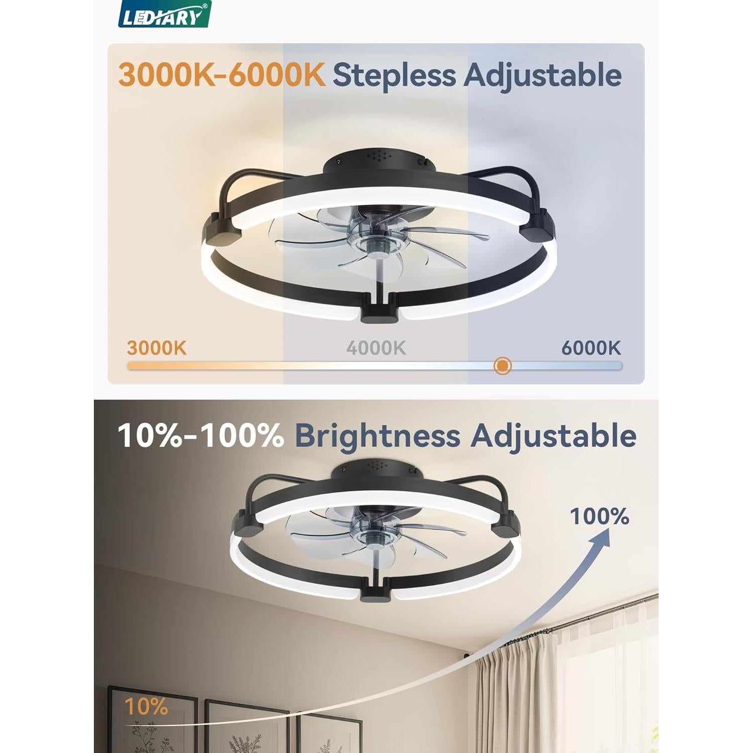 Ventilador de Techo LEDIARY 20" Negro con Luz y Control Remoto