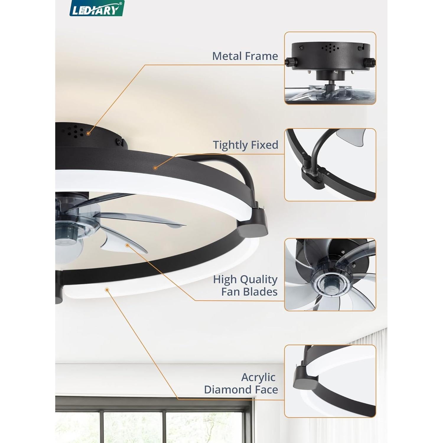 Ventilador de Techo LEDIARY 20" Negro con Luz y Control Remoto