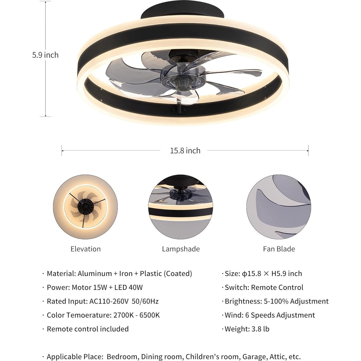 Ventilador de Techo LED KDG 15.8" con Control Remoto y Luz Regulable