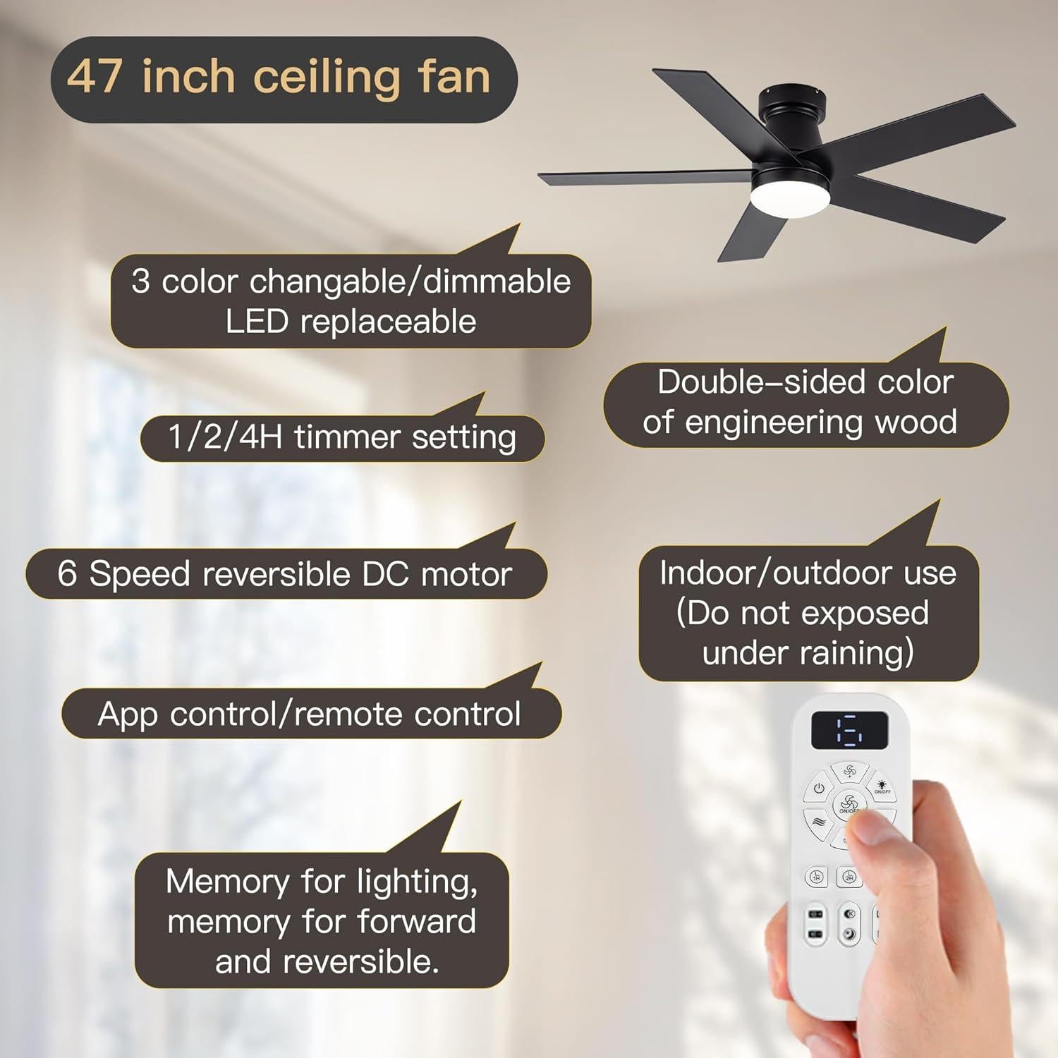 Ventilador de Techo OURSTAR 119 cm con Luz LED y Control Remoto