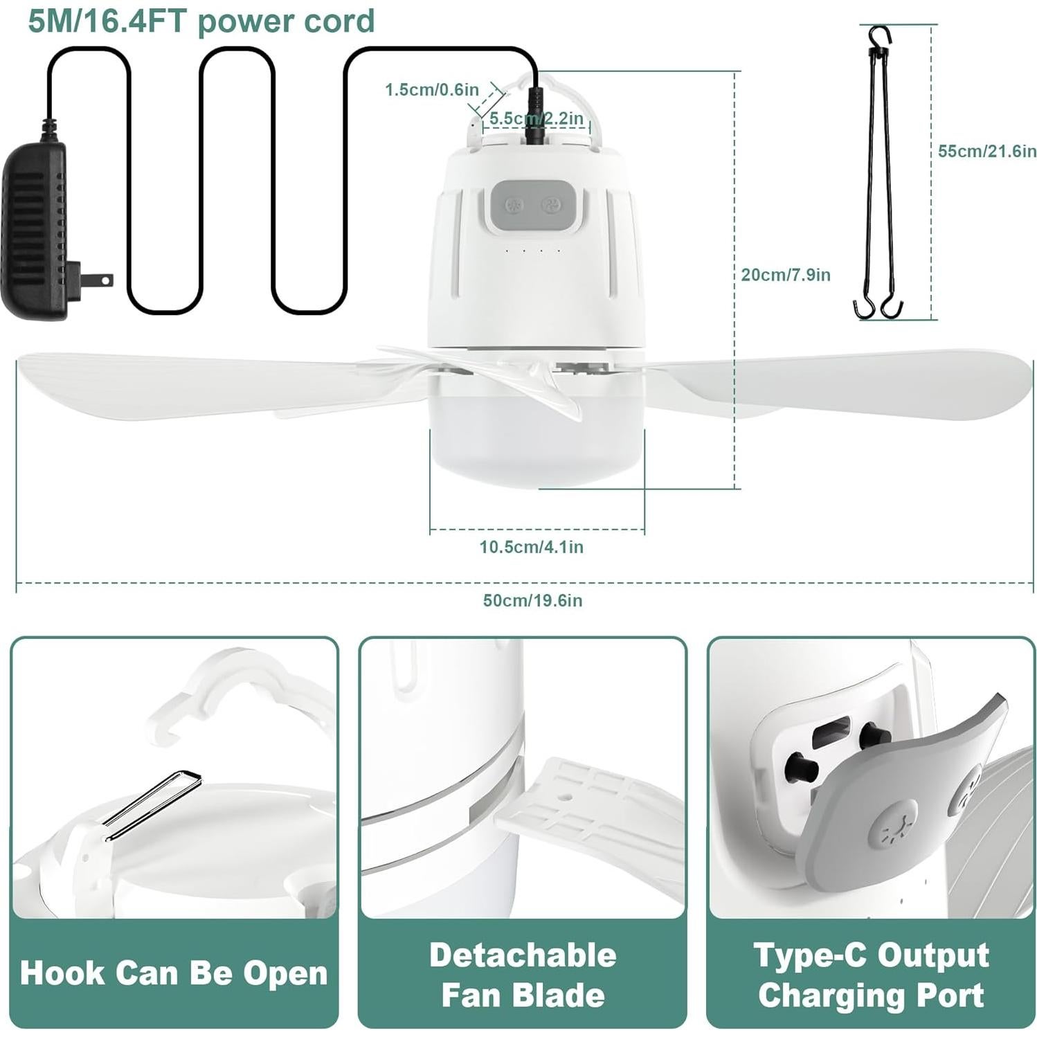 Ventilador de Techo Portátil Gliztech 20'' con Luz LED y Control Remoto