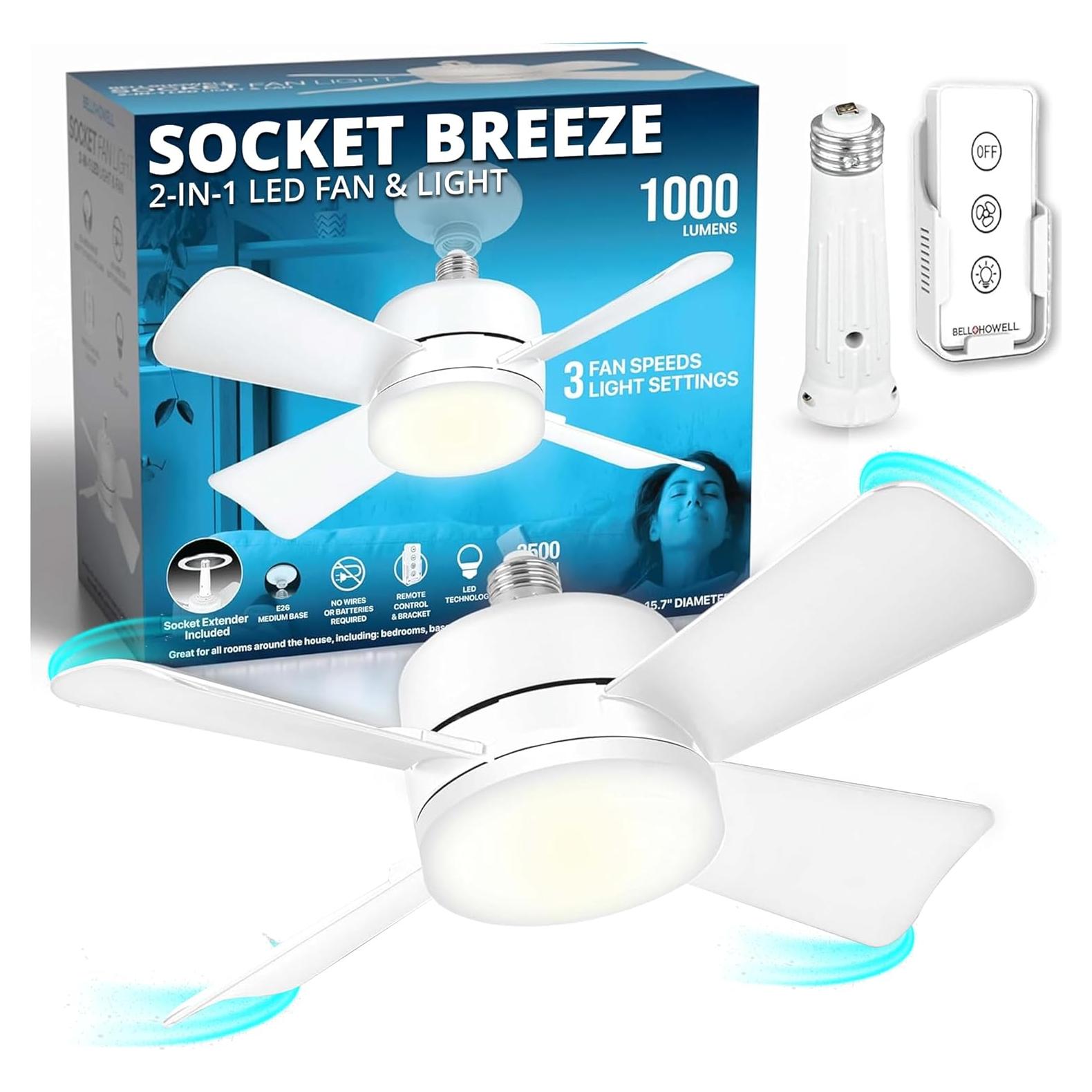 Ventilador de Techo Socket Bell+Howell Blanco con Luz 1000 Lúmenes
